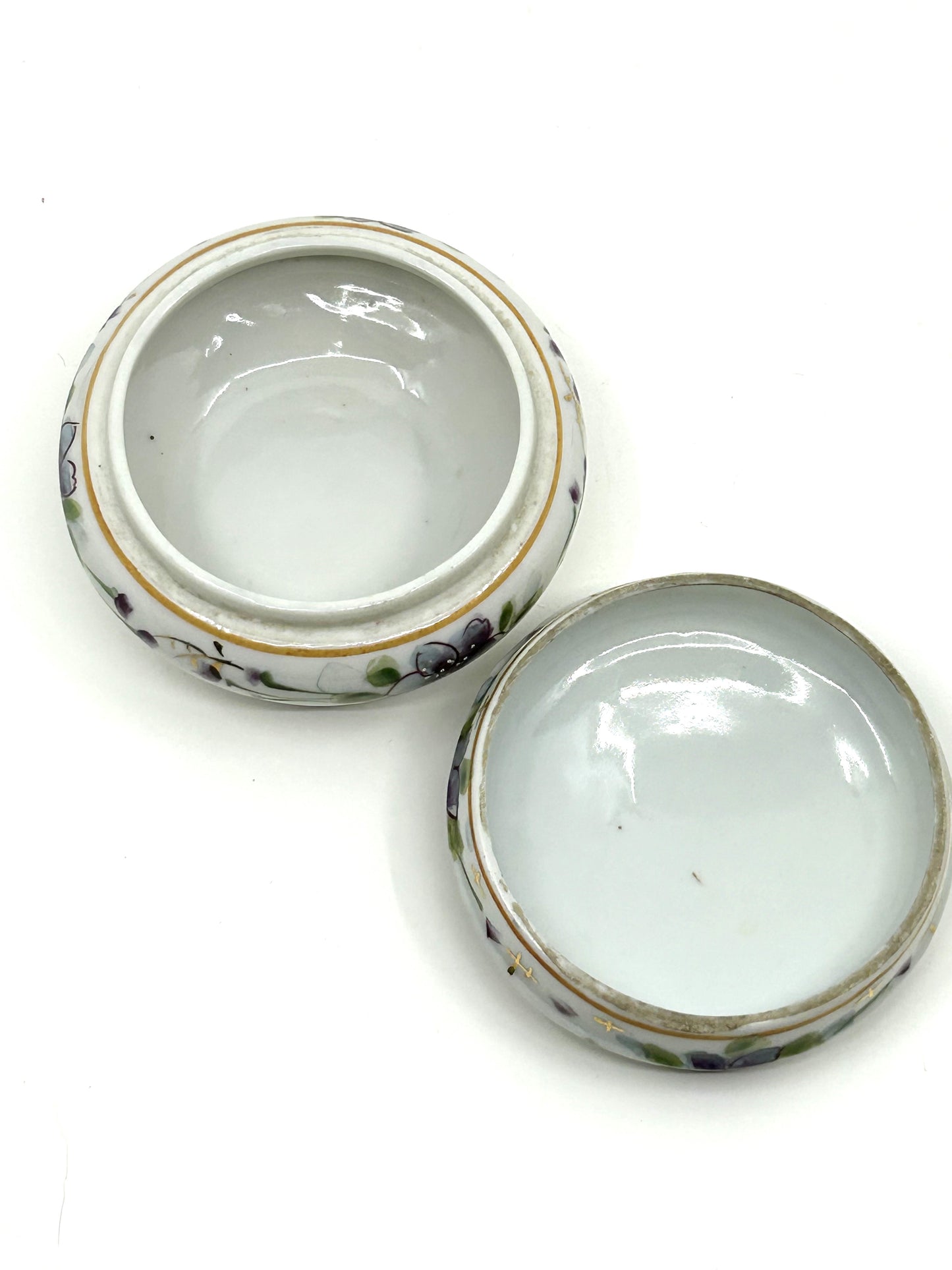 Vintage Floral Ceramic Bisque Round Trinket Dish with Lid