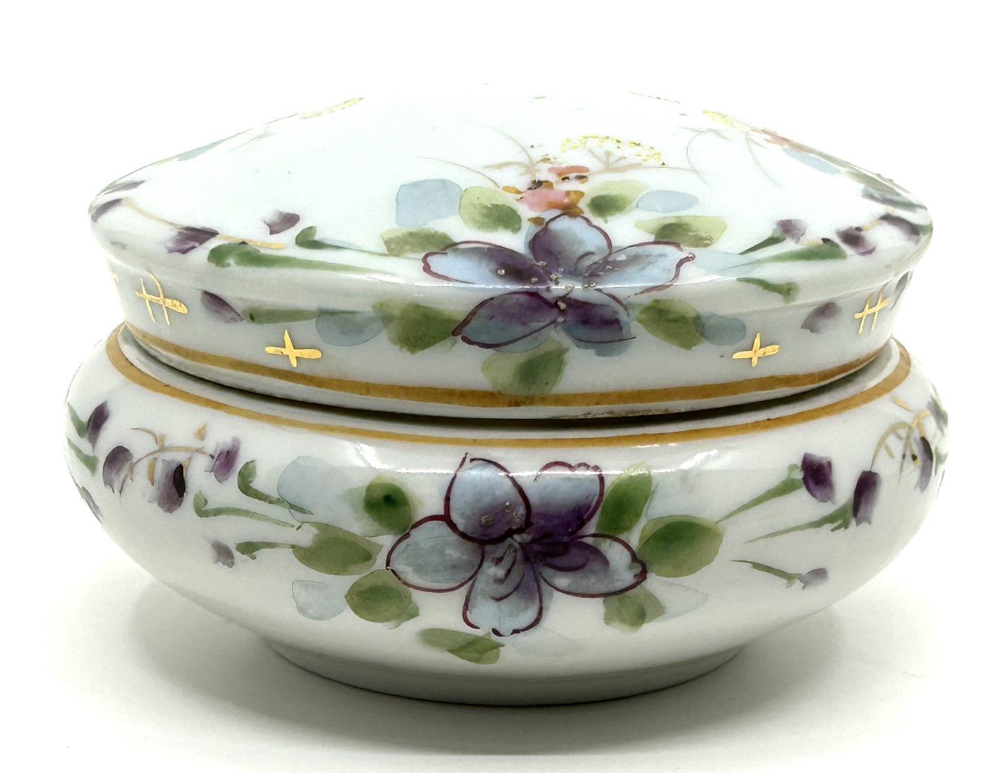 Vintage Floral Ceramic Bisque Round Trinket Dish with Lid