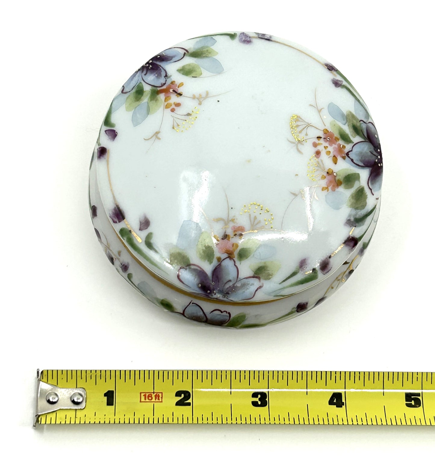 Vintage Floral Ceramic Bisque Round Trinket Dish with Lid