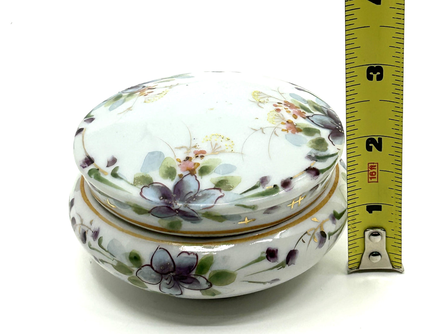 Vintage Floral Ceramic Bisque Round Trinket Dish with Lid