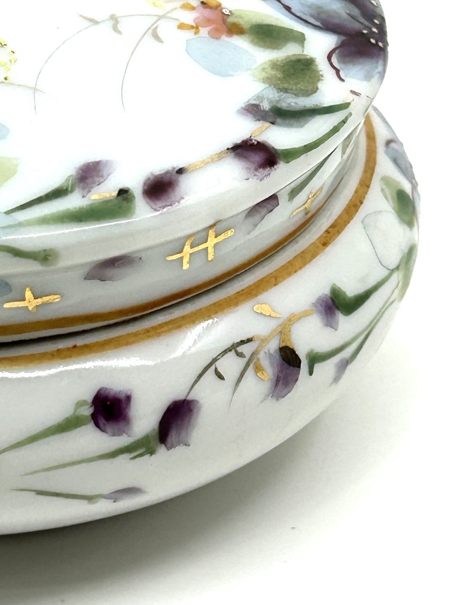 Vintage Floral Ceramic Bisque Round Trinket Dish with Lid