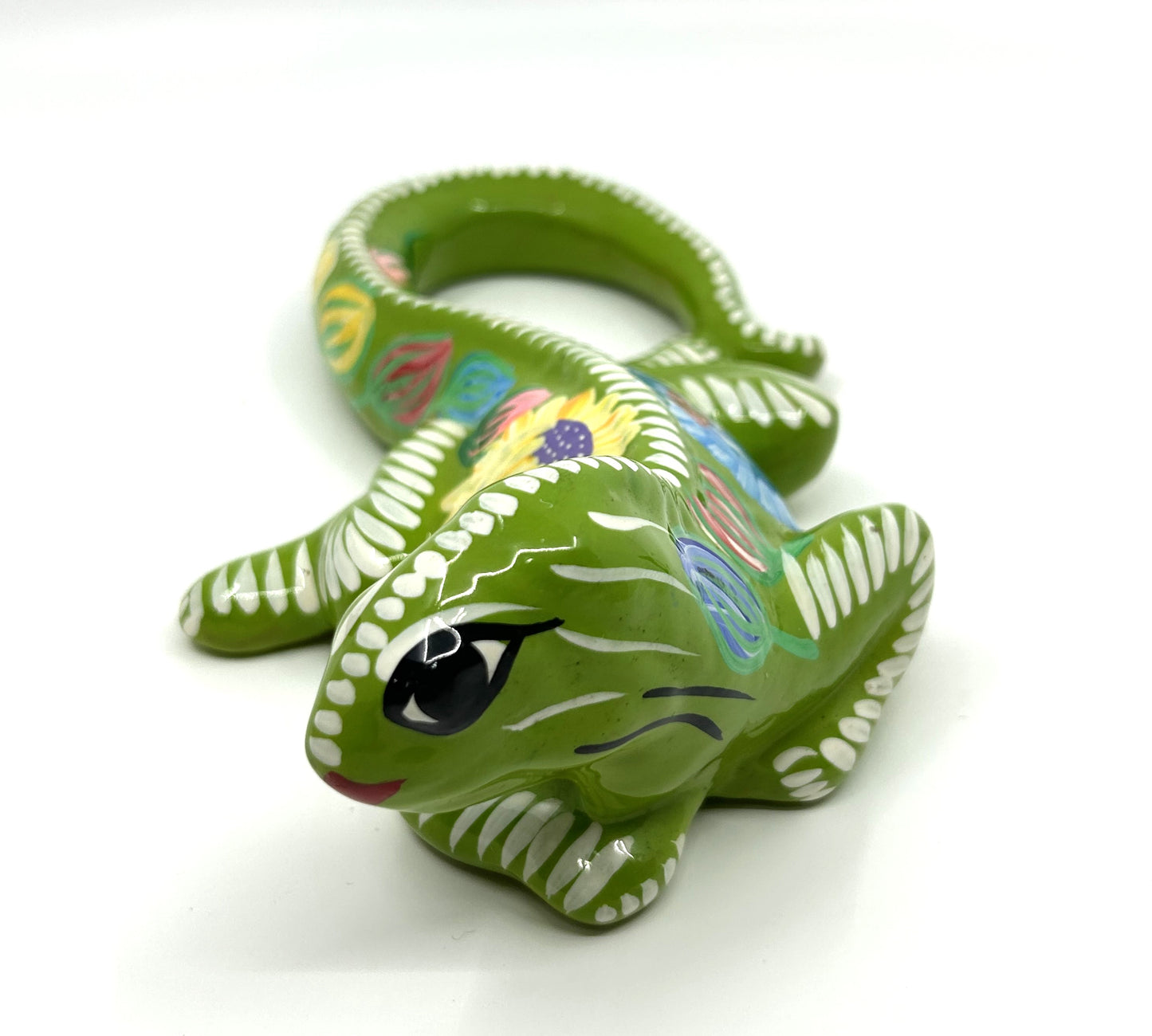 Talavera Hand Painted Mexican Folk Art Ceramic Green Lizard / Salamander / Iguana
