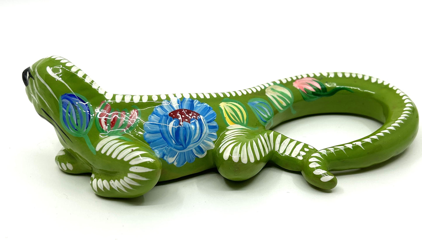 Talavera Hand Painted Mexican Folk Art Ceramic Green Lizard / Salamander / Iguana