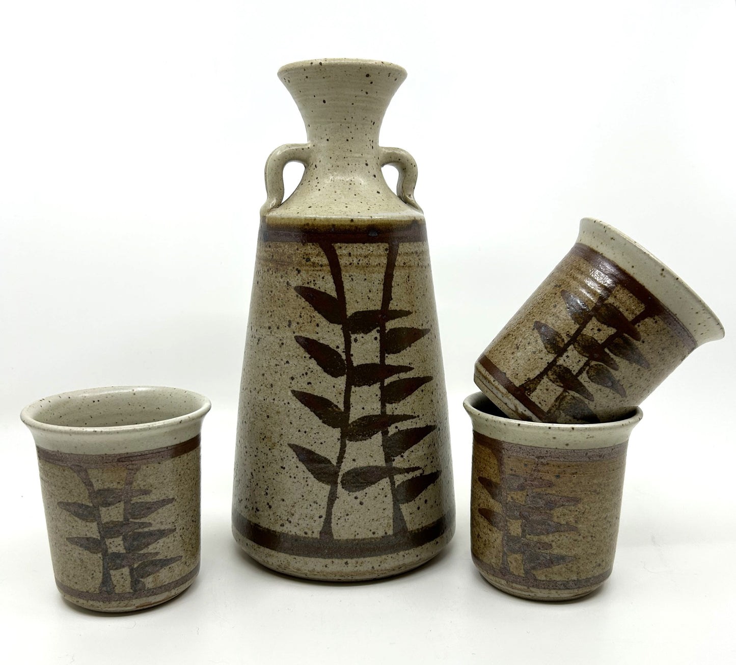 Pottery Stoneware Double Handled Decanter with Matching Cups Set - Artist Signed