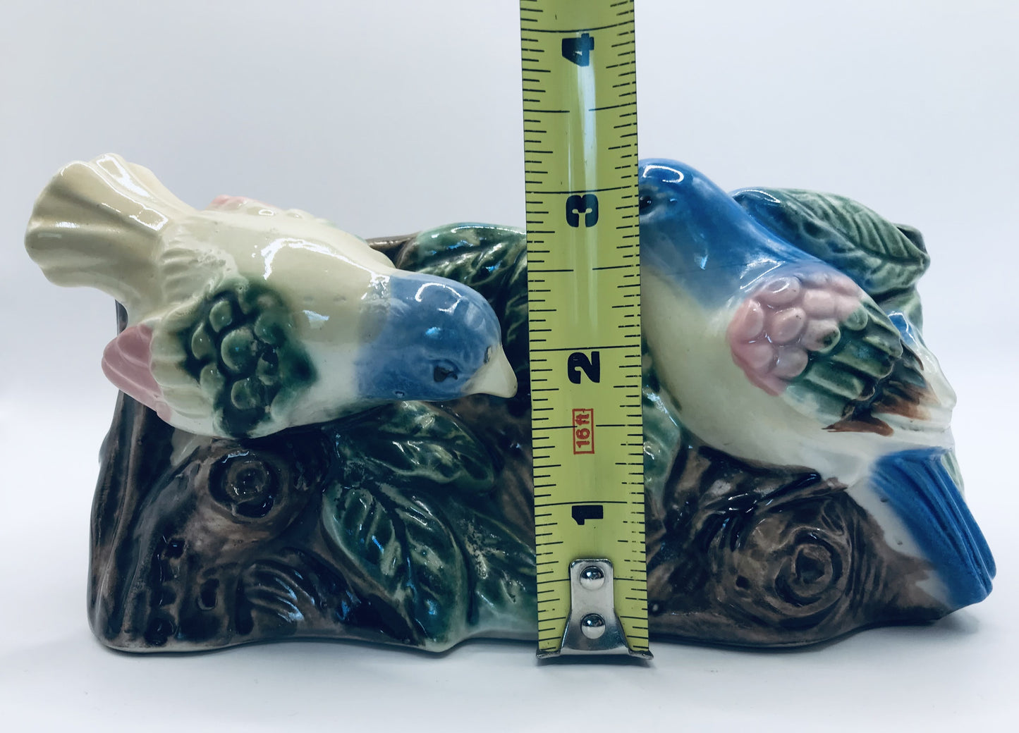 Vintage MCM Florart Two Birds on a Tree Stump with Leaves Majolica Planter