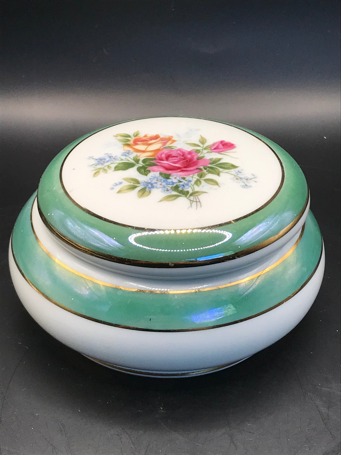 Vintage Lusterware Green Banded Round Floral Lidded Trinket Dish