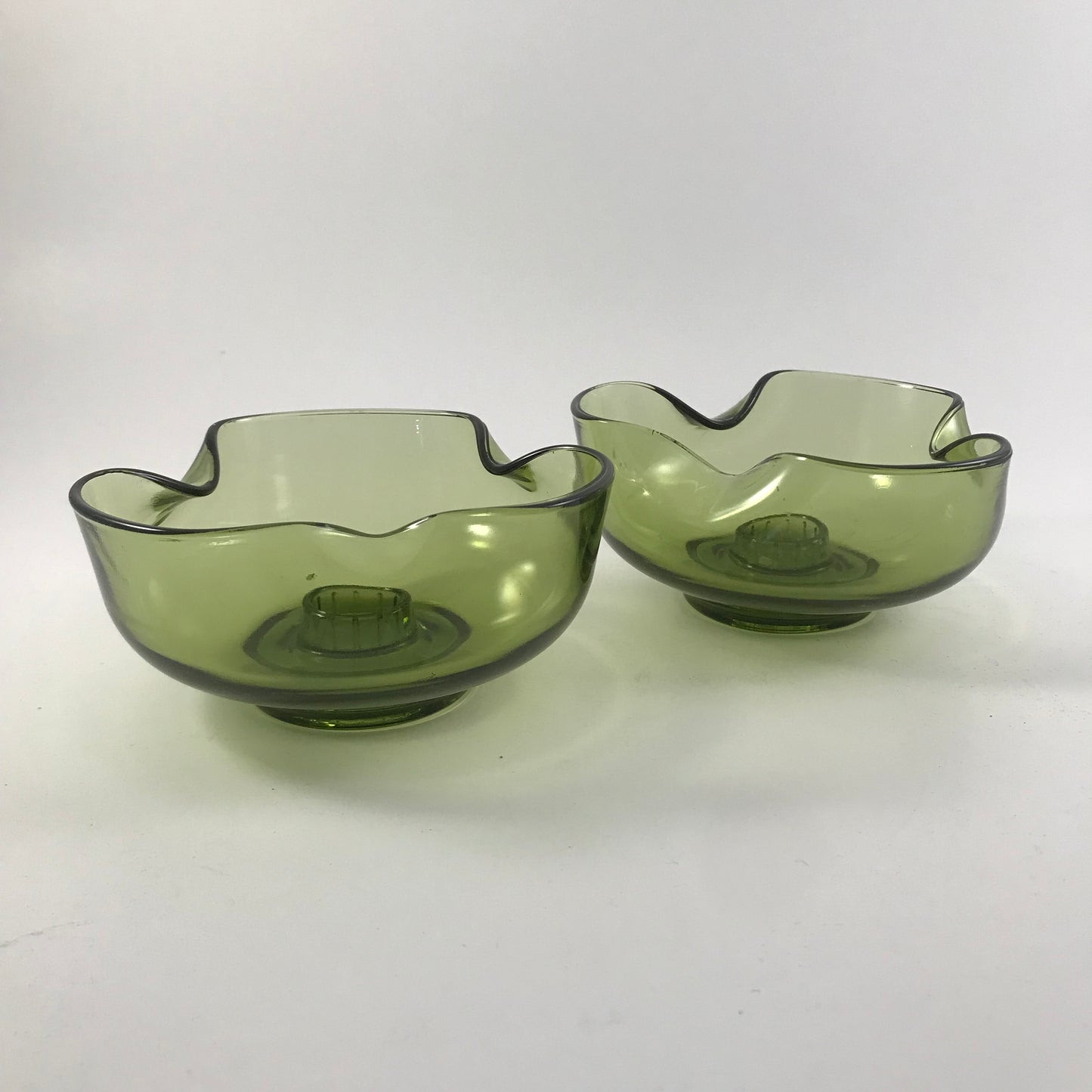 MCM Anchor Hocking Avocado Green Pinched Glass Candle Stick Holder Set
