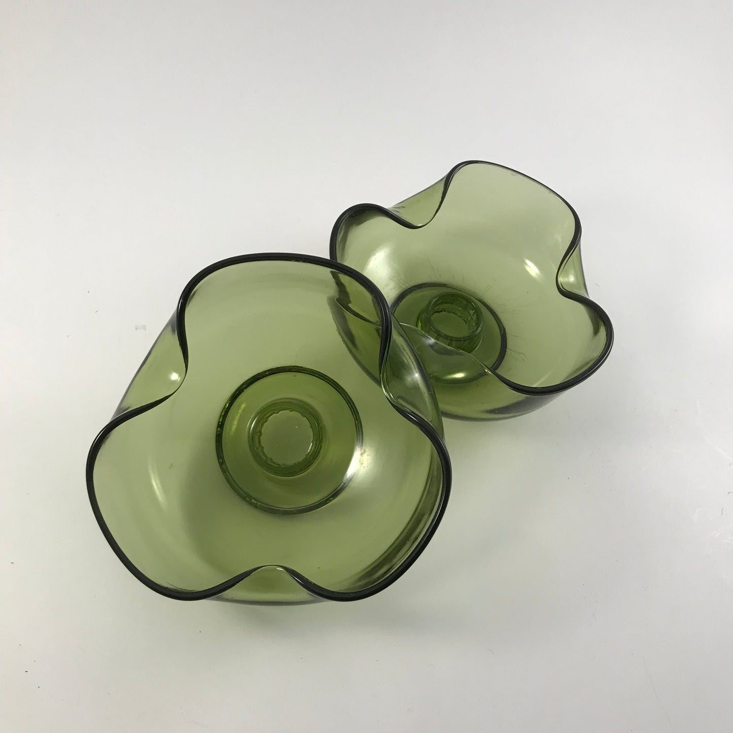 MCM Anchor Hocking Avocado Green Pinched Glass Candle Stick Holder Set