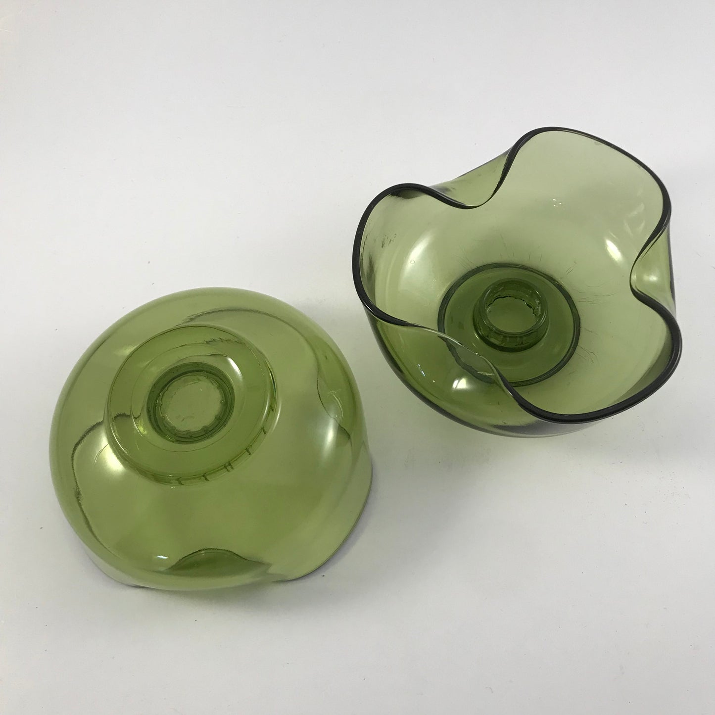 MCM Anchor Hocking Avocado Green Pinched Glass Candle Stick Holder Set