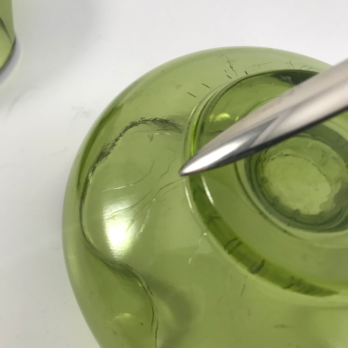MCM Anchor Hocking Avocado Green Pinched Glass Candle Stick Holder Set