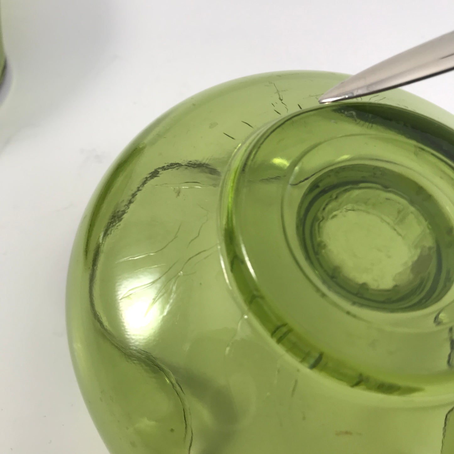 MCM Anchor Hocking Avocado Green Pinched Glass Candle Stick Holder Set