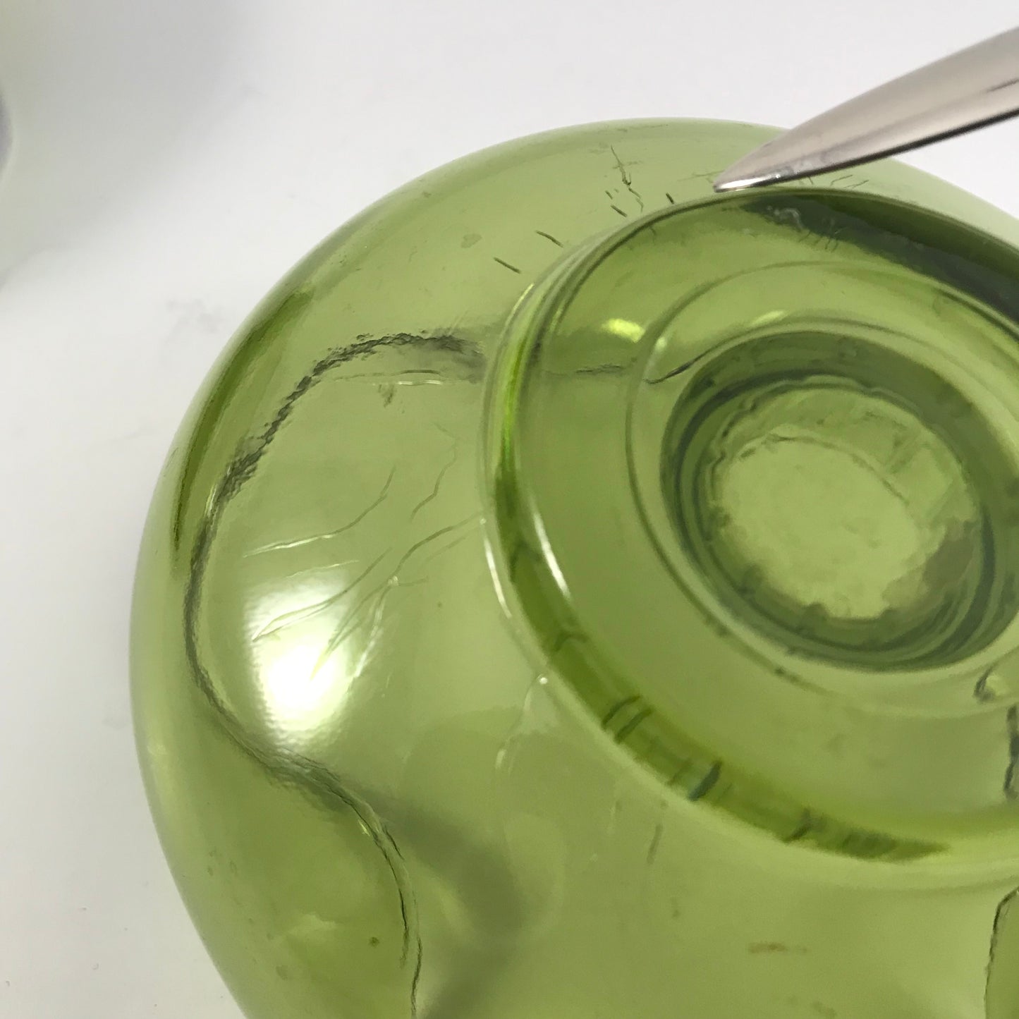 MCM Anchor Hocking Avocado Green Pinched Glass Candle Stick Holder Set