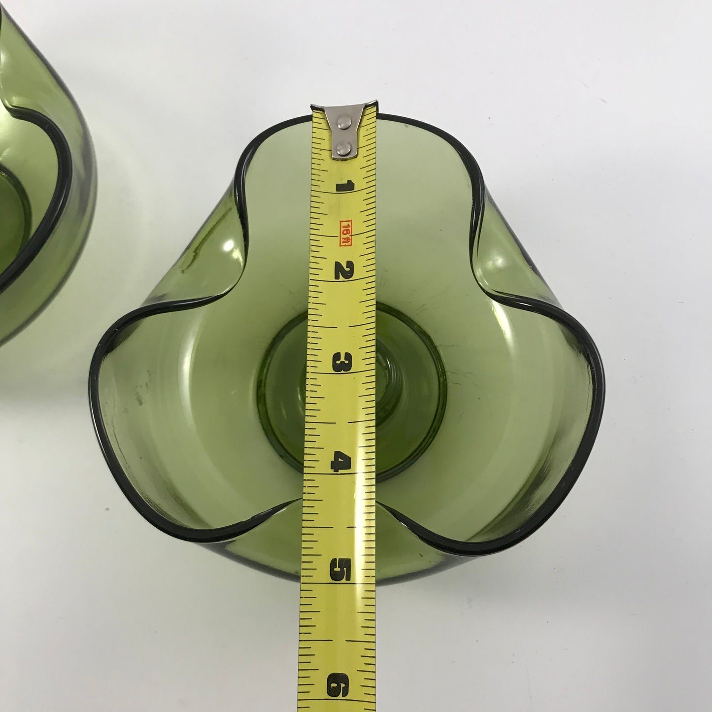 MCM Anchor Hocking Avocado Green Pinched Glass Candle Stick Holder Set