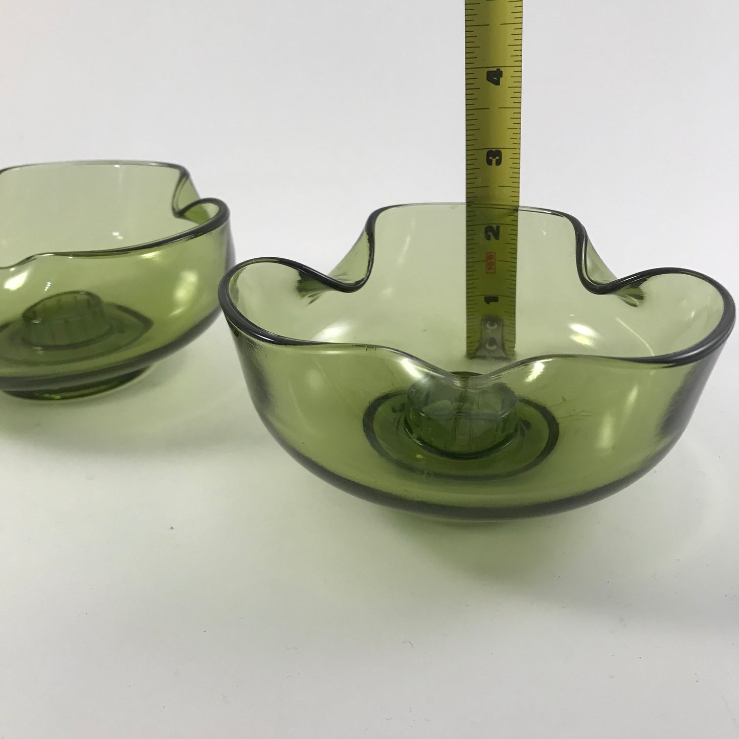 MCM Anchor Hocking Avocado Green Pinched Glass Candle Stick Holder Set
