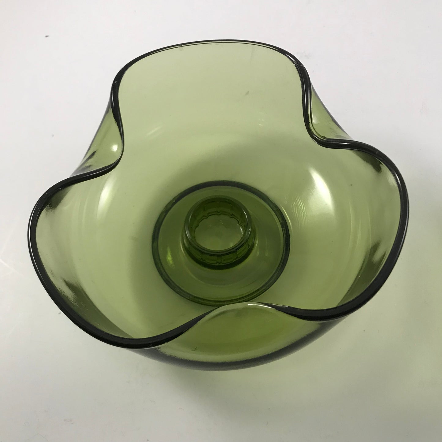 MCM Anchor Hocking Avocado Green Pinched Glass Candle Stick Holder Set