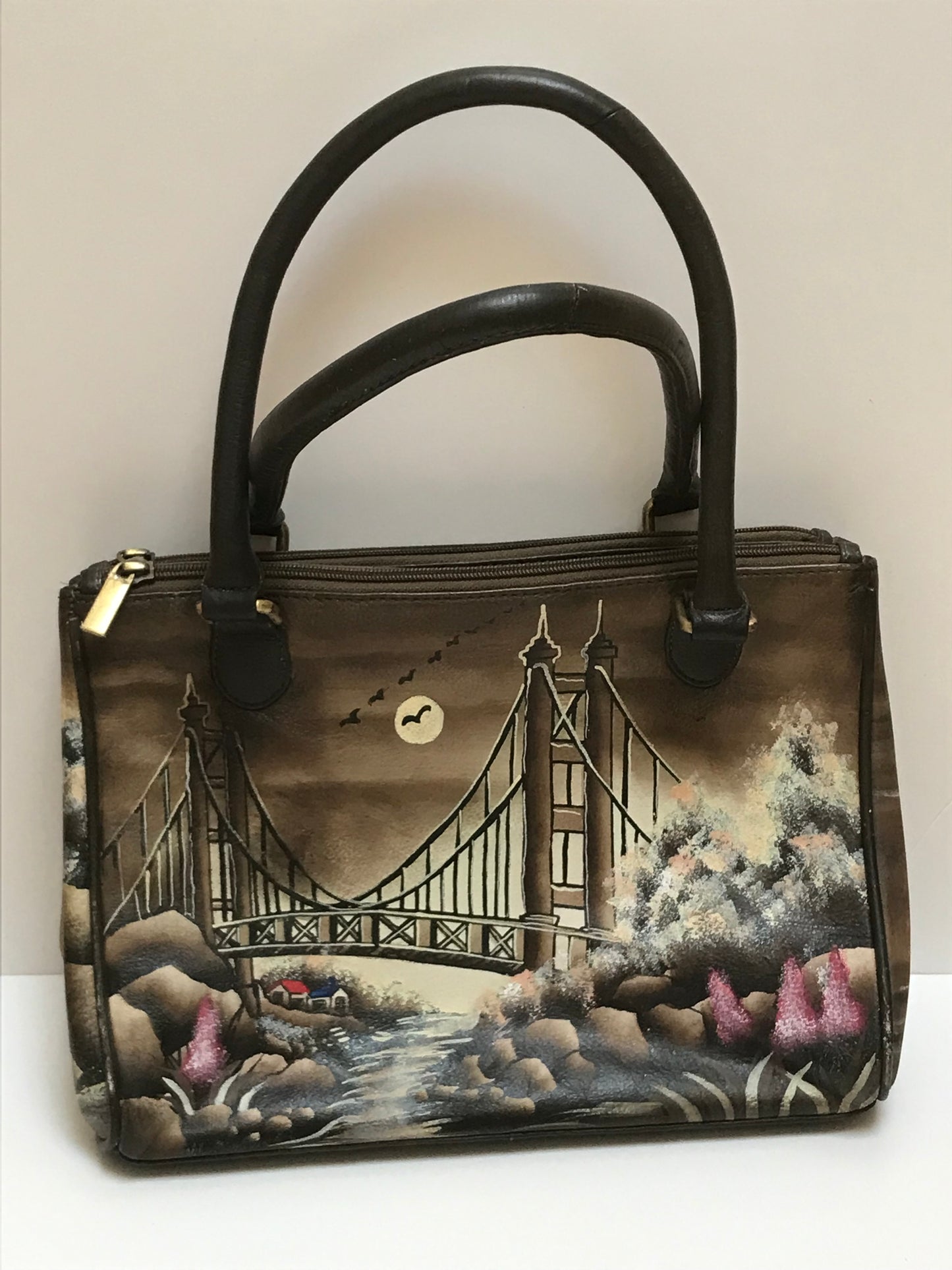 Vintage BIACCI Handpainted Bridge / Landscape Scene Brown Genuine Leather Handbag