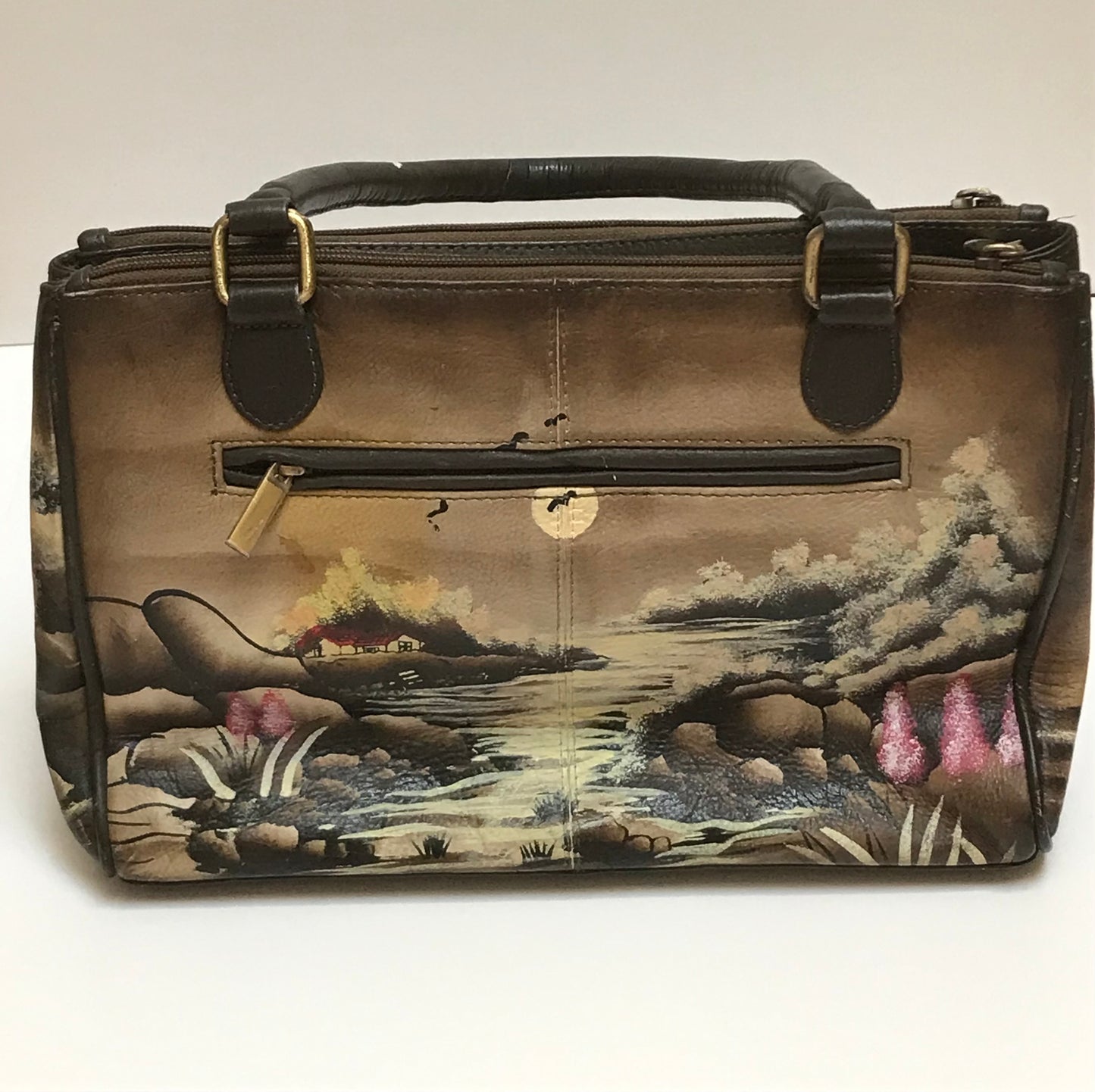 Vintage BIACCI Handpainted Bridge / Landscape Scene Brown Genuine Leather Handbag