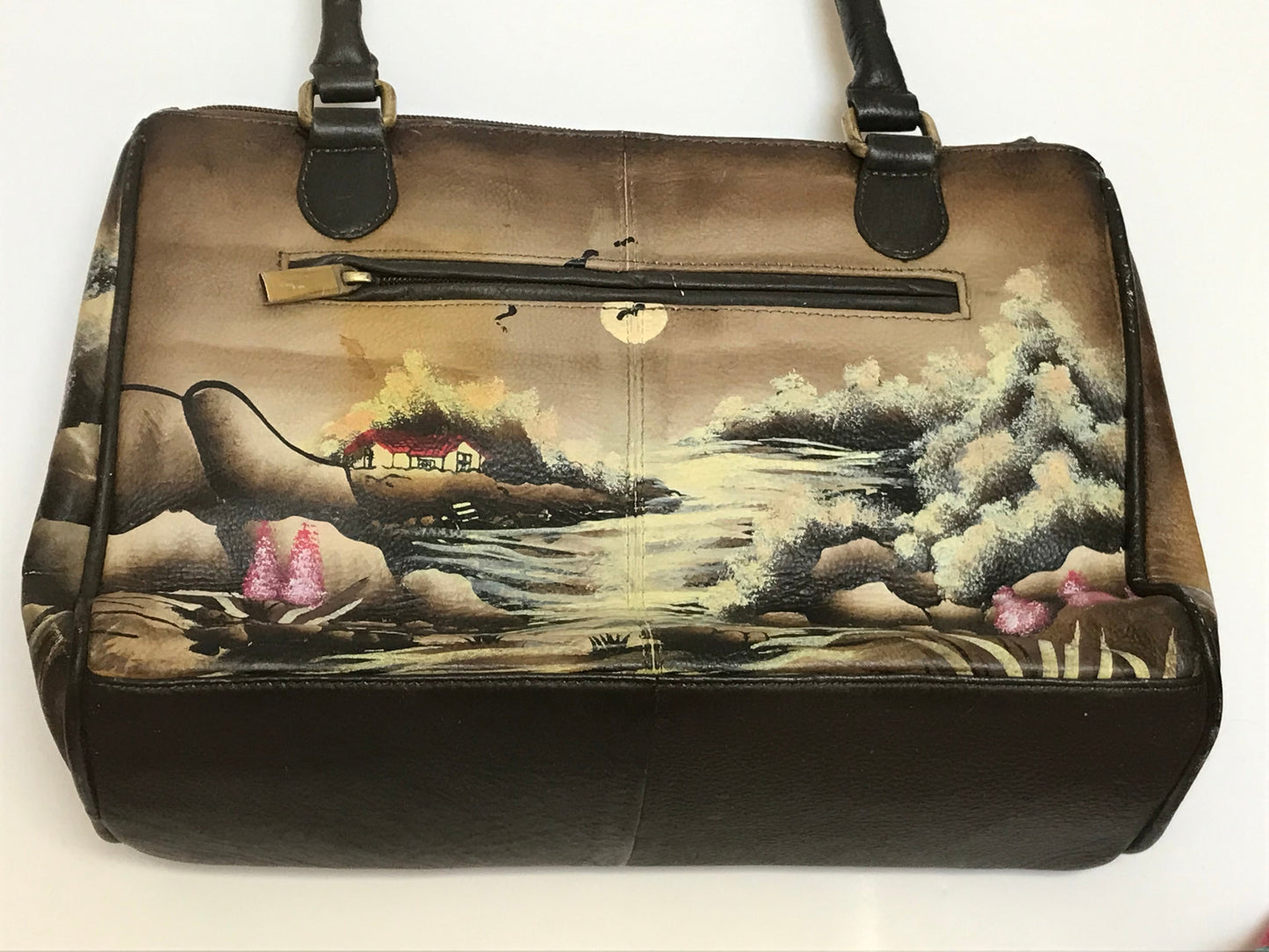 Vintage BIACCI Handpainted Bridge / Landscape Scene Brown Genuine Leather Handbag