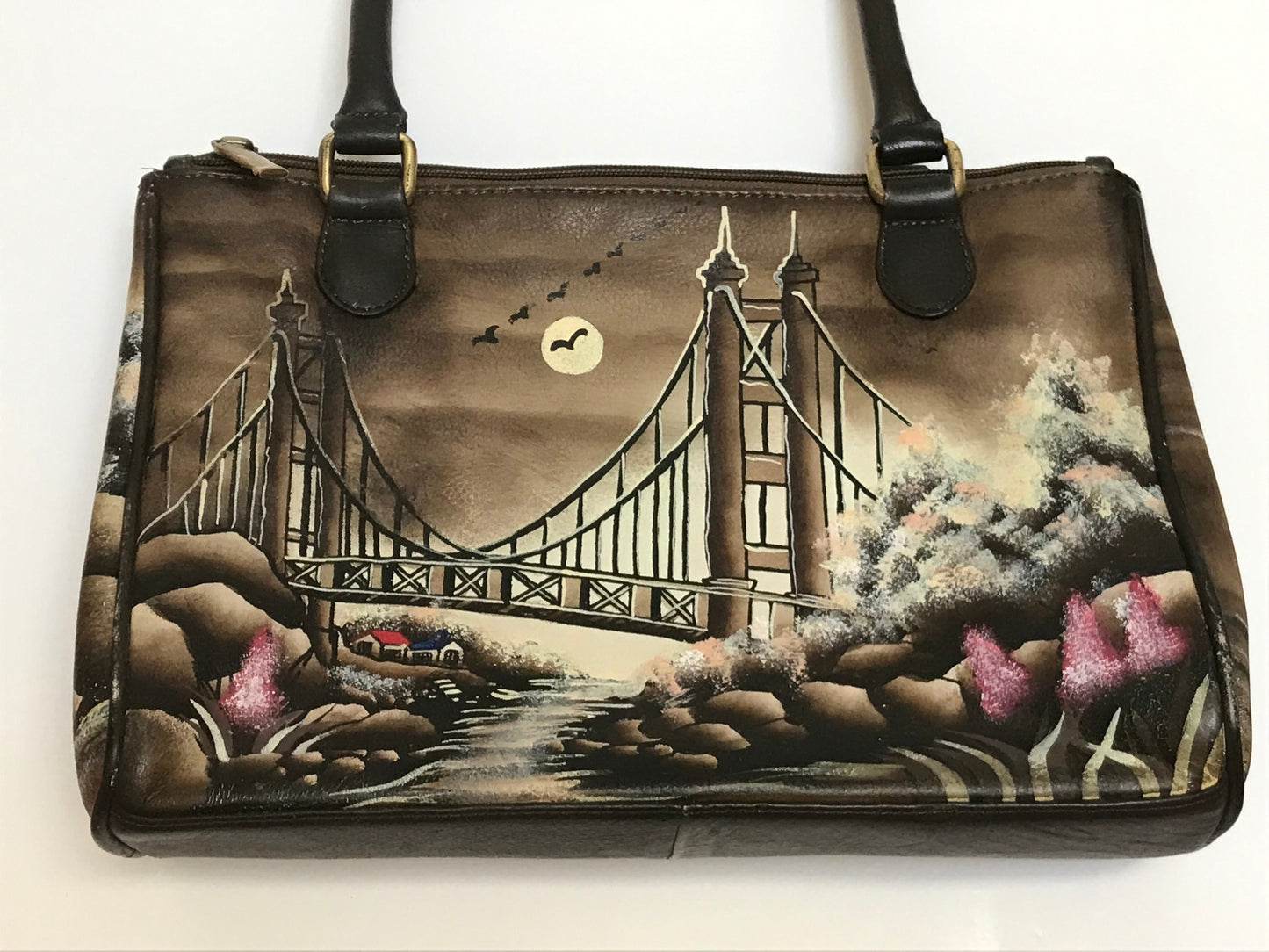 Vintage BIACCI Handpainted Bridge / Landscape Scene Brown Genuine Leather Handbag