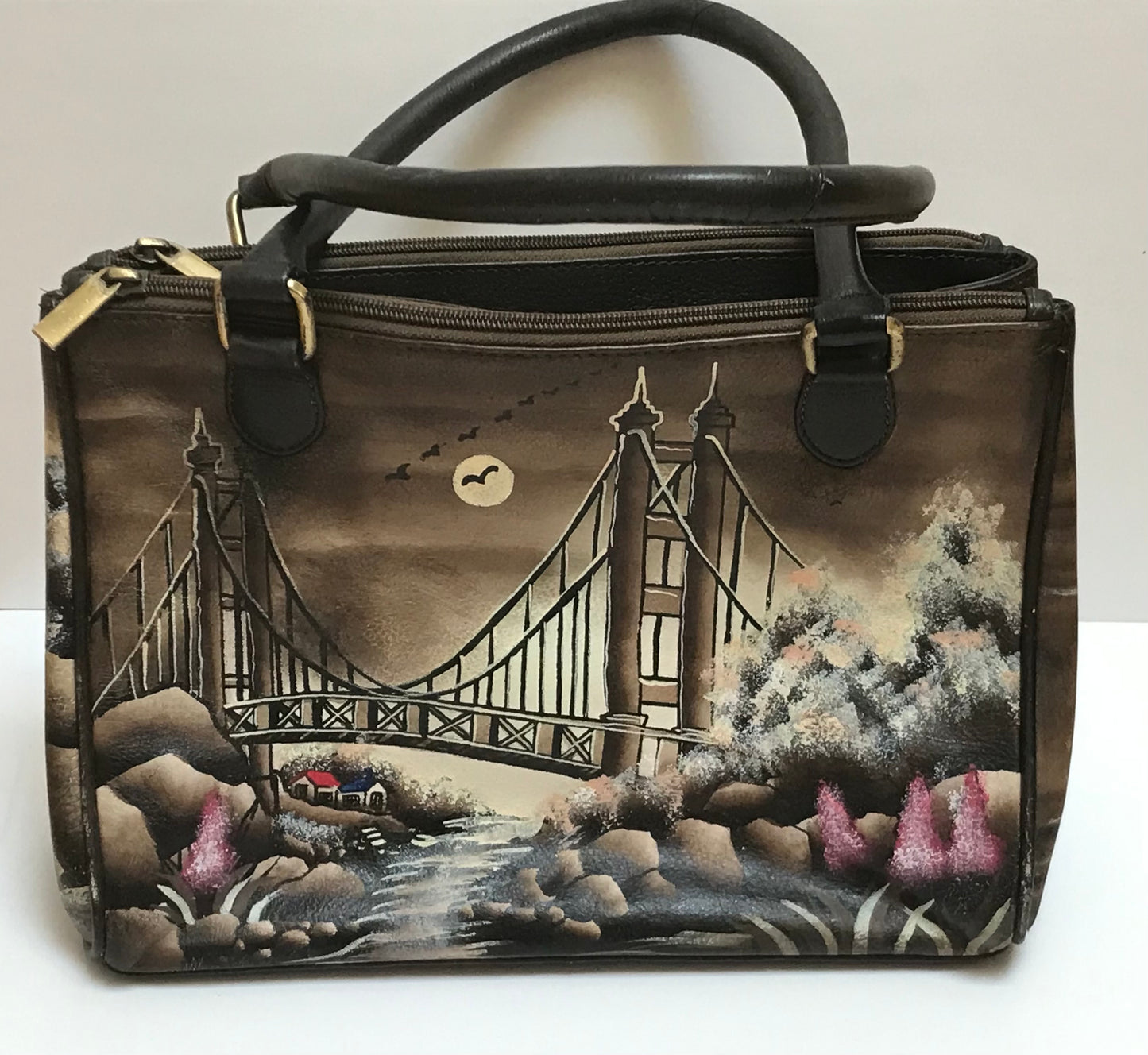 Vintage BIACCI Handpainted Bridge / Landscape Scene Brown Genuine Leather Handbag