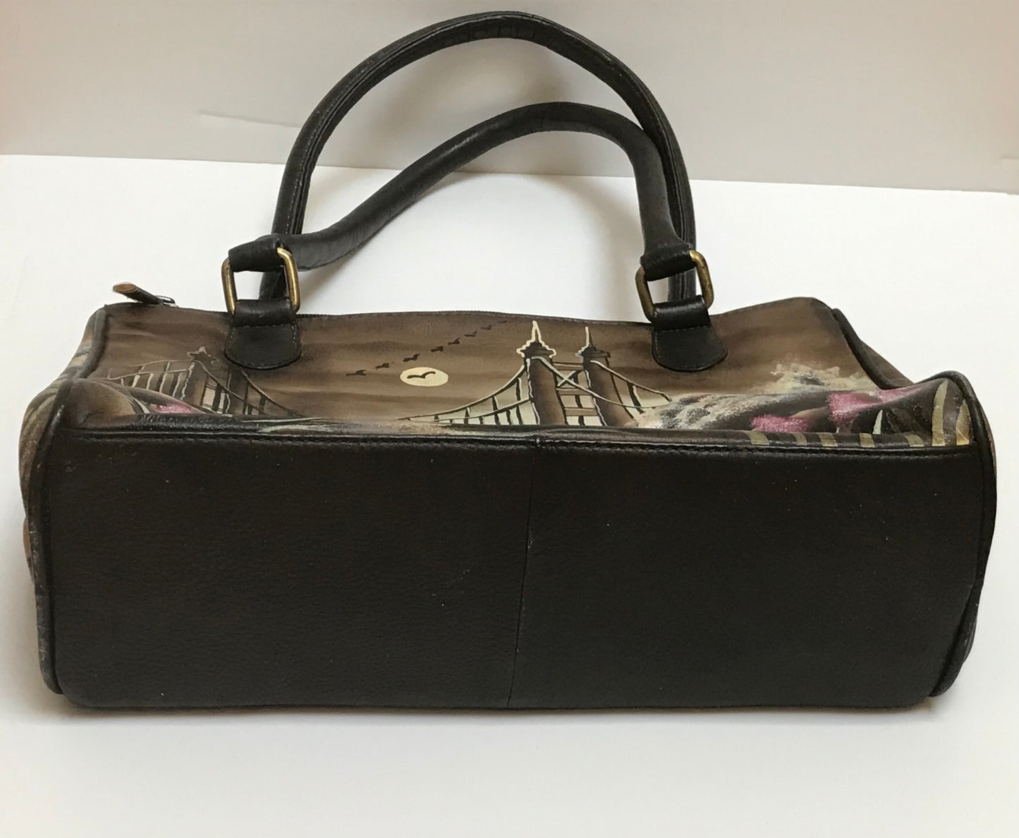 Vintage BIACCI Handpainted Bridge / Landscape Scene Brown Genuine Leather Handbag