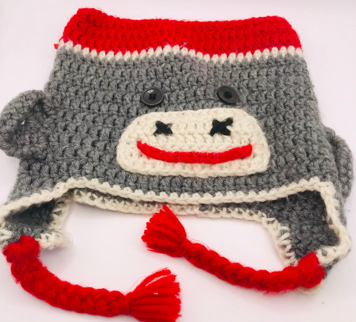 Handcrafted Sock Puppet Monkey Knitted Children's Hat with Ties - One of a Kind