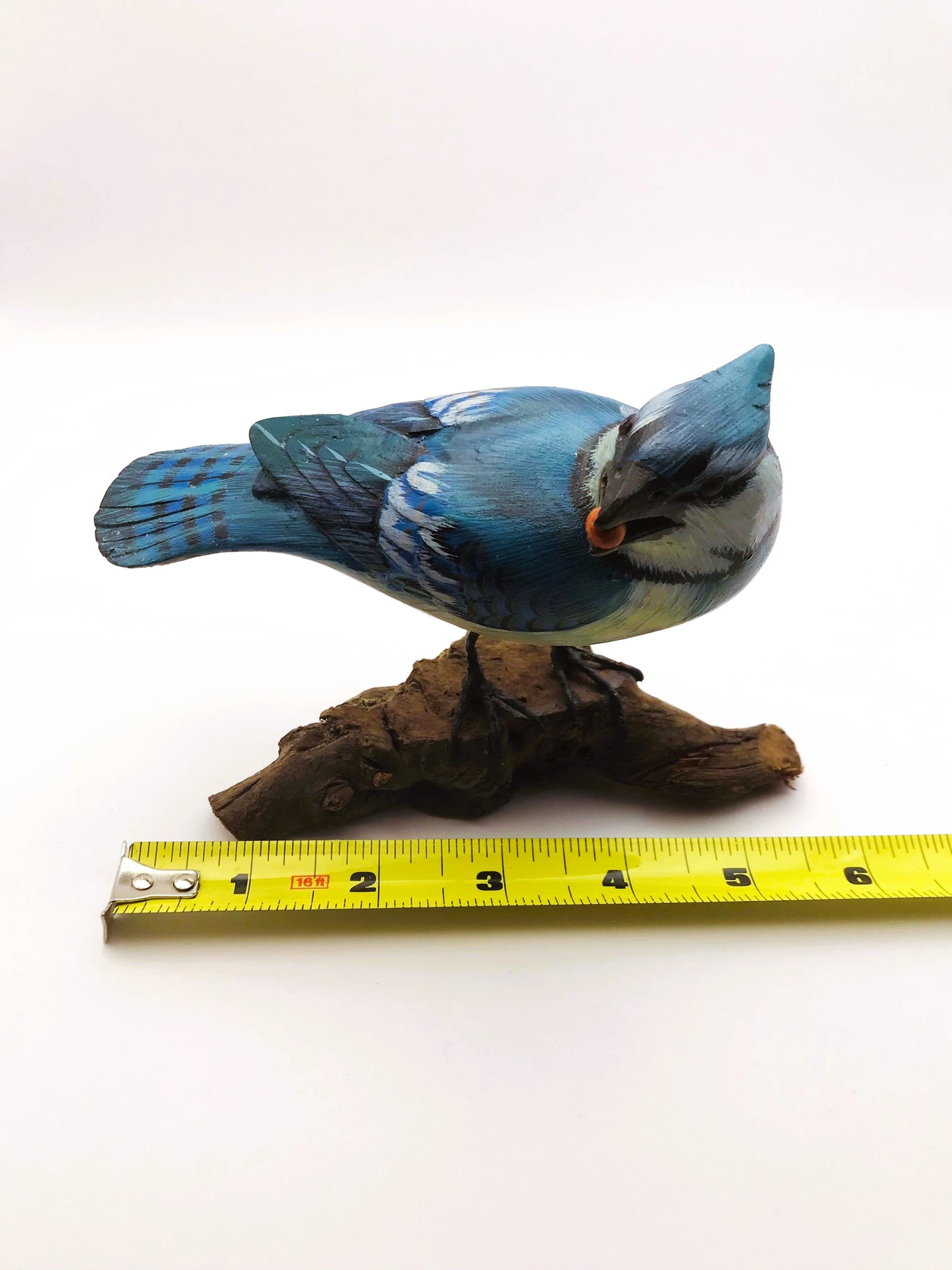 Wood Carved Hand Painted Blue Jay Bird Perched on Driftwood