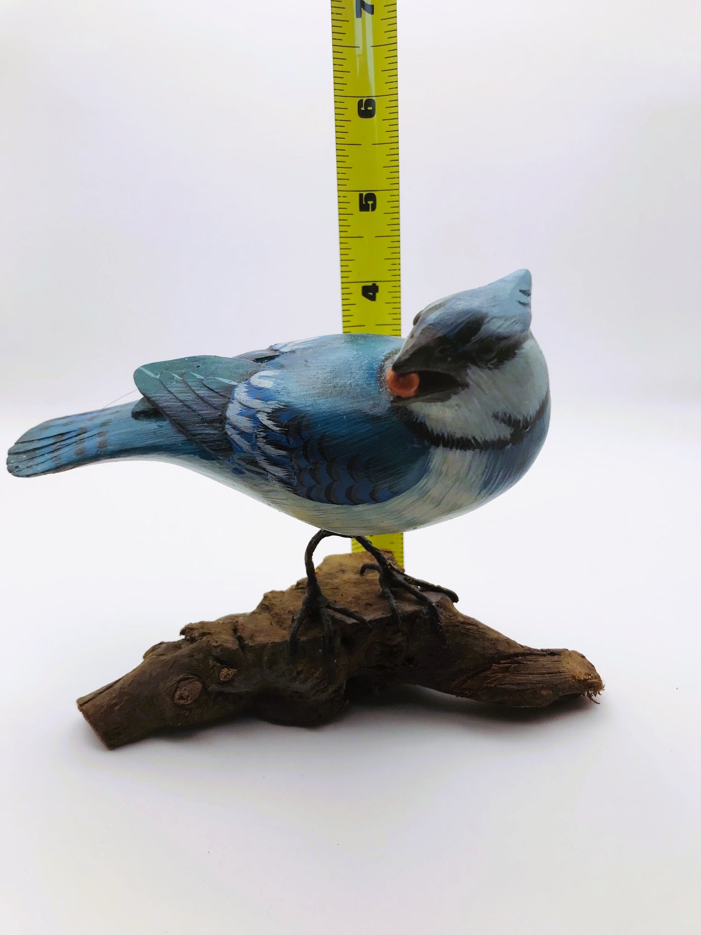 Wood Carved Hand Painted Blue Jay Bird Perched on Driftwood