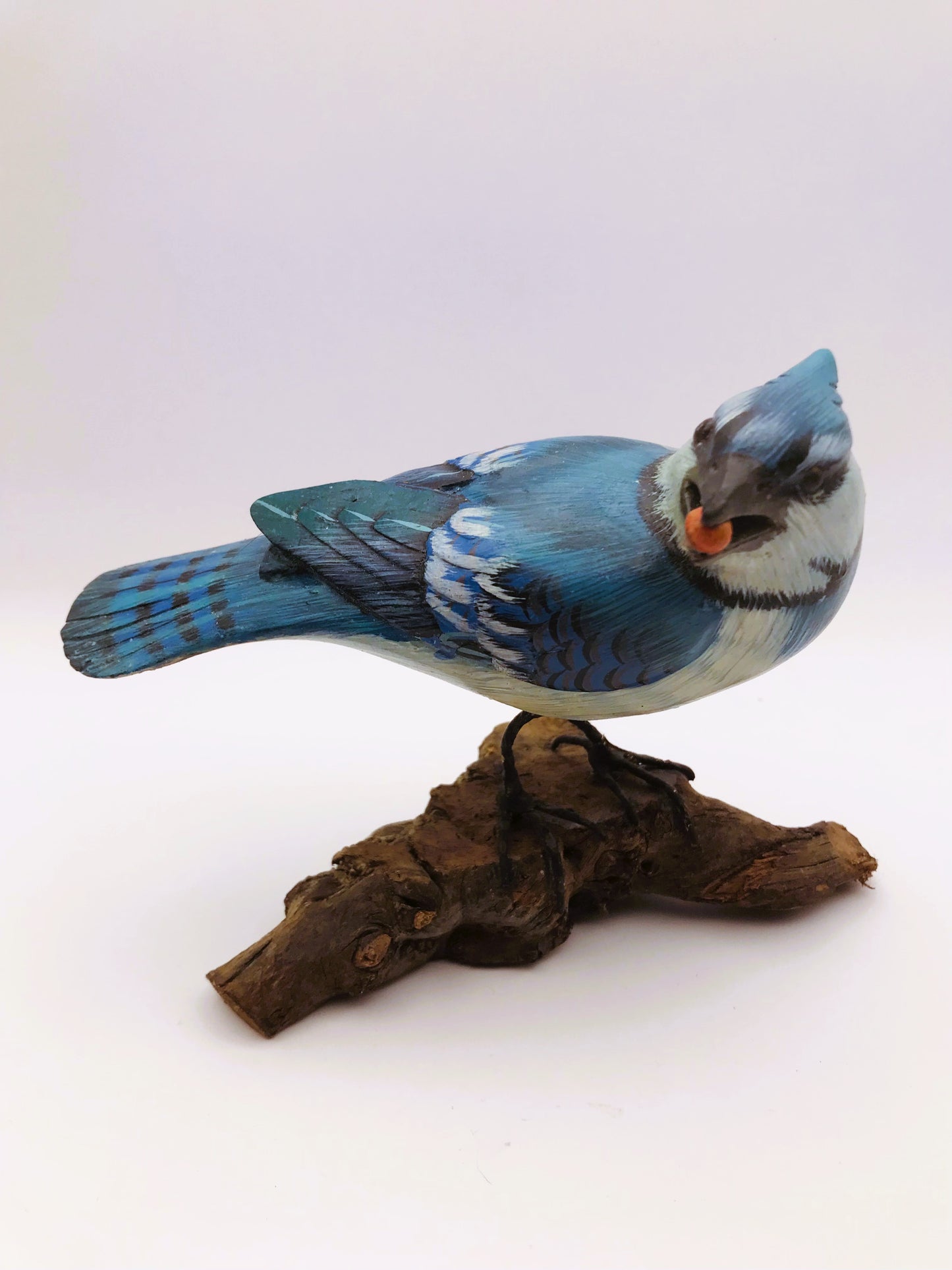 Wood Carved Hand Painted Blue Jay Bird Perched on Driftwood