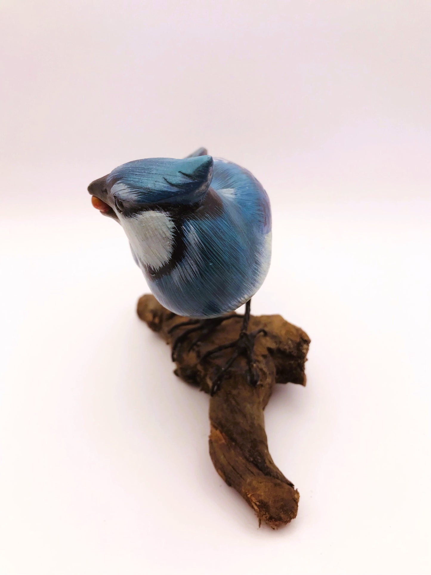 Wood Carved Hand Painted Blue Jay Bird Perched on Driftwood