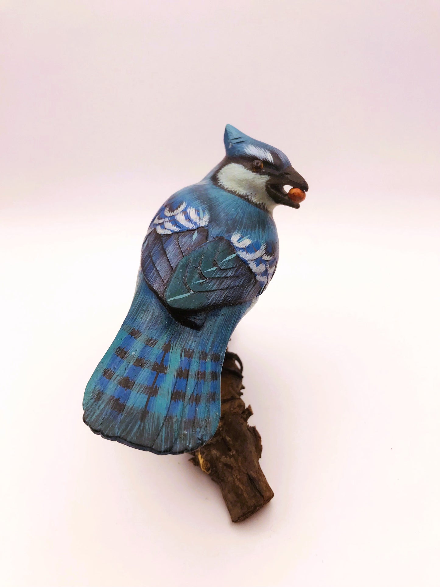 Wood Carved Hand Painted Blue Jay Bird Perched on Driftwood