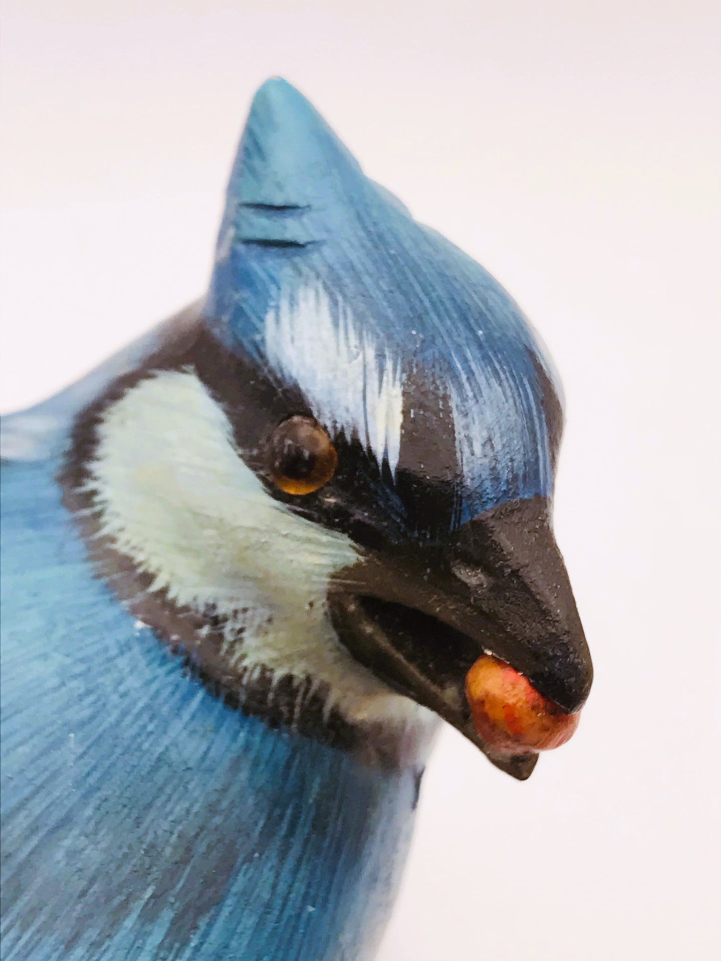 Wood Carved Hand Painted Blue Jay Bird Perched on Driftwood