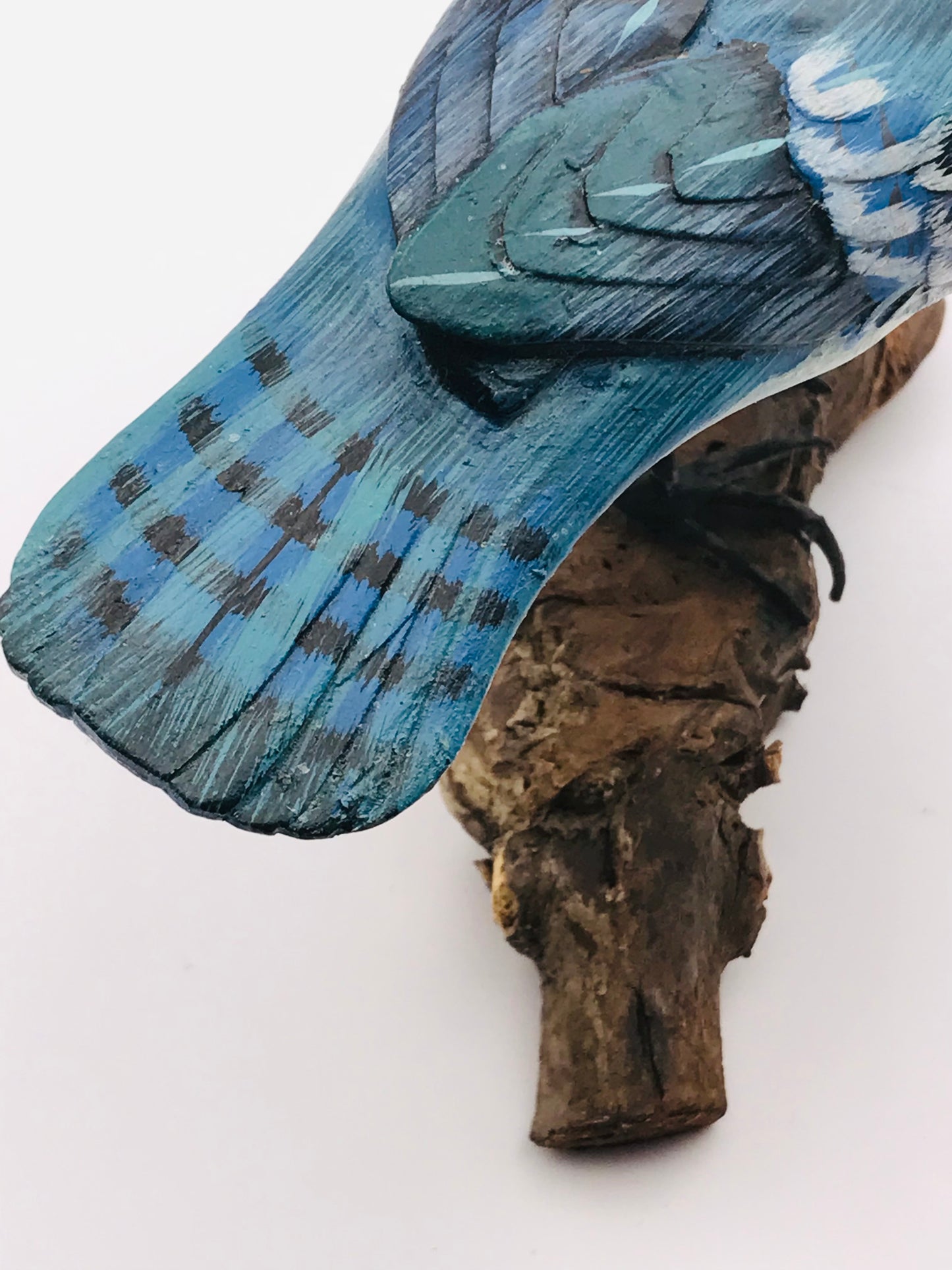 Wood Carved Hand Painted Blue Jay Bird Perched on Driftwood