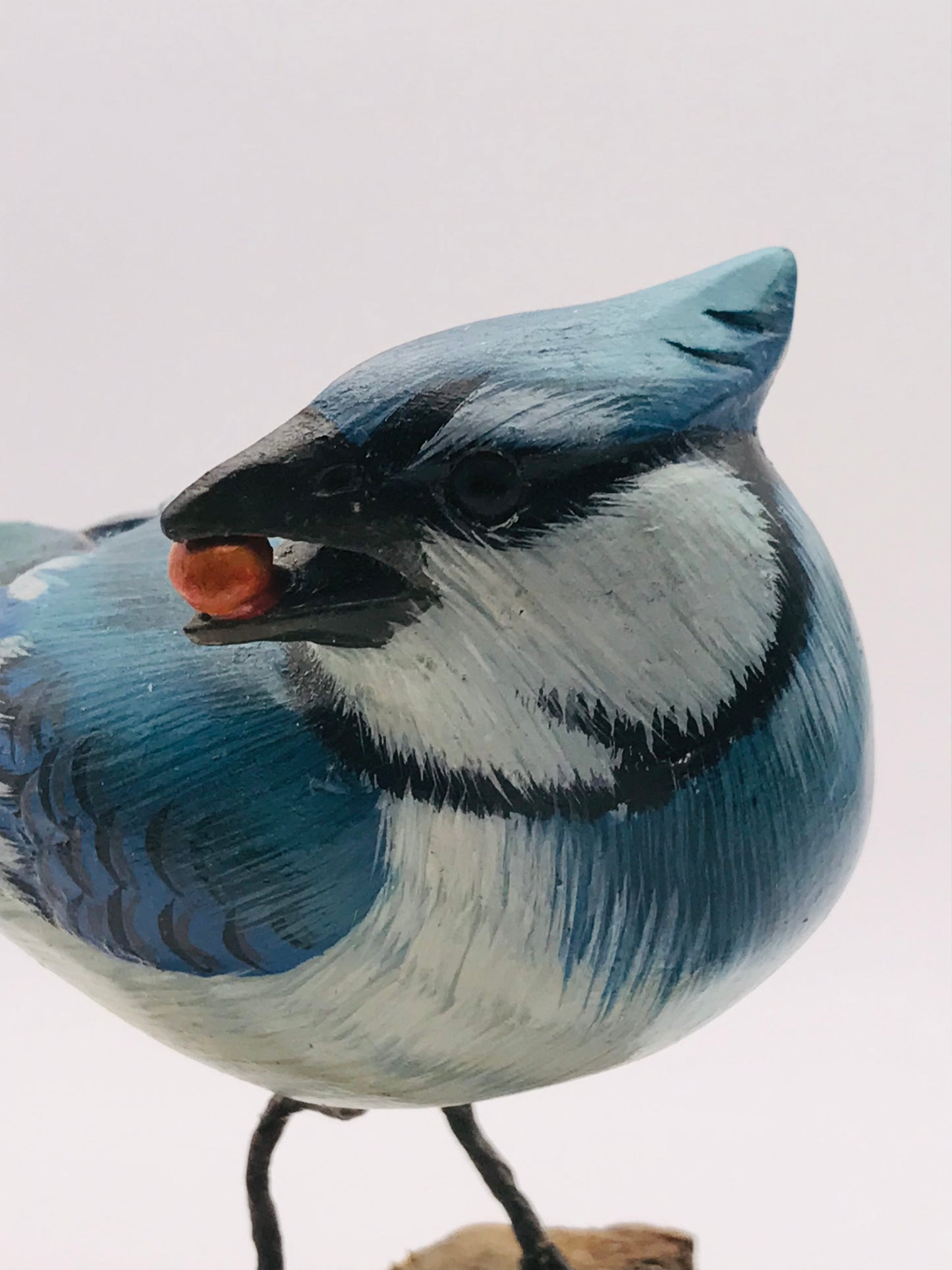 Wood Carved Hand Painted Blue Jay Bird Perched on Driftwood