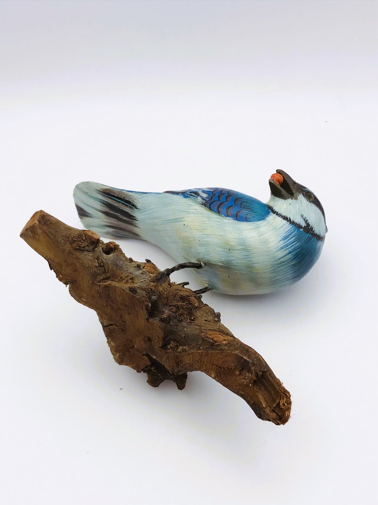 Wood Carved Hand Painted Blue Jay Bird Perched on Driftwood