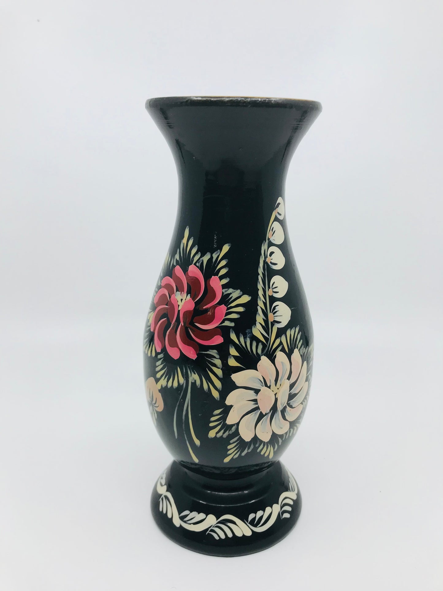 Hand Painted Folk Art Wooden Vase with Black Lacquer with Florals - Boho Chic