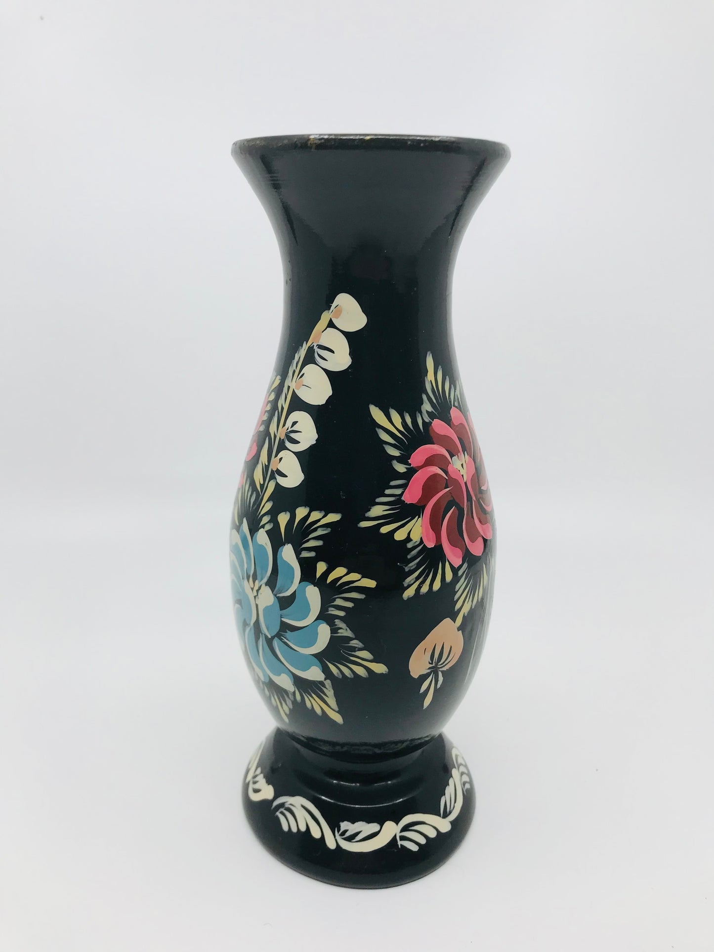 Hand Painted Folk Art Wooden Vase with Black Lacquer with Florals - Boho Chic