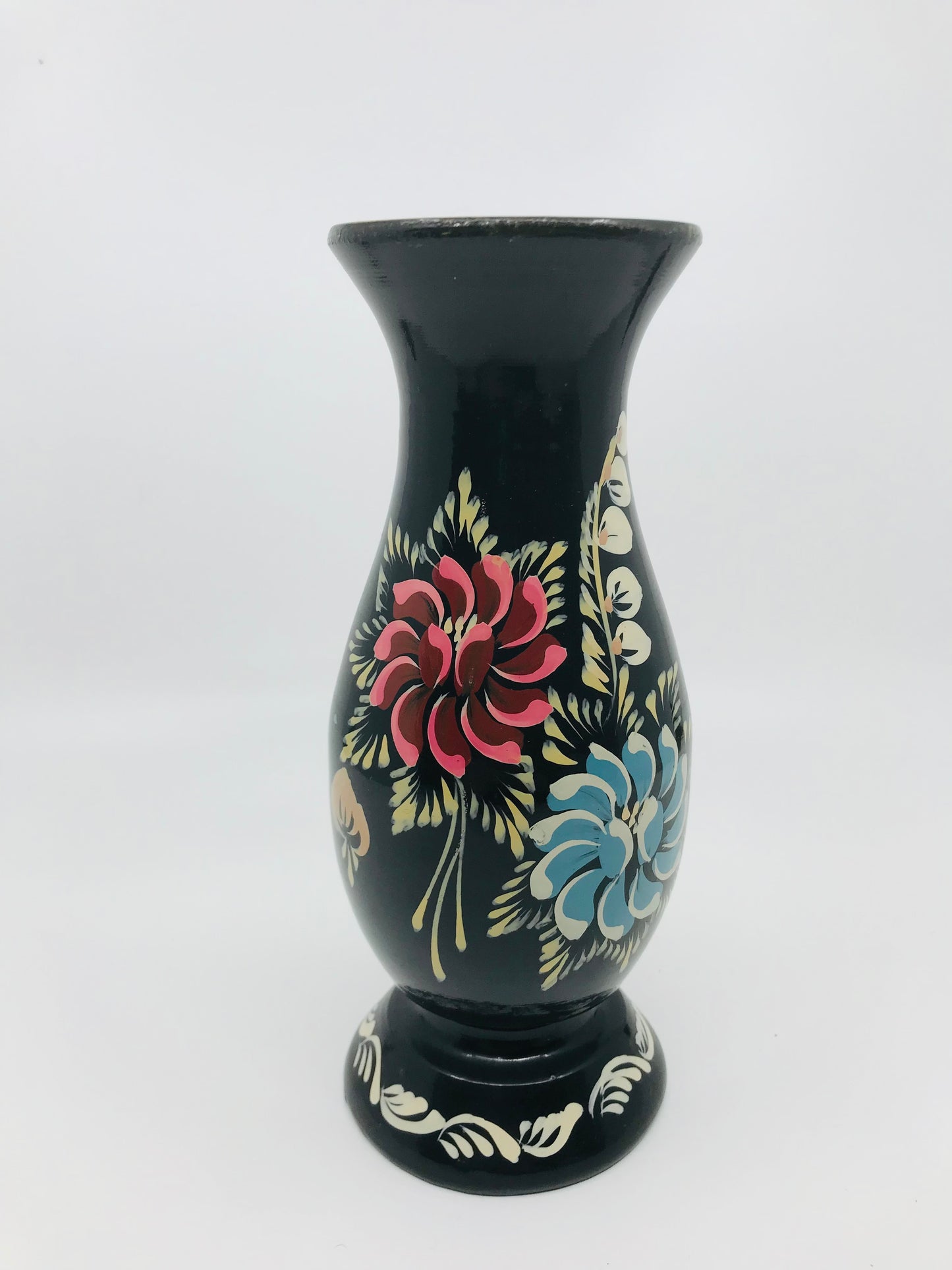 Hand Painted Folk Art Wooden Vase with Black Lacquer with Florals - Boho Chic