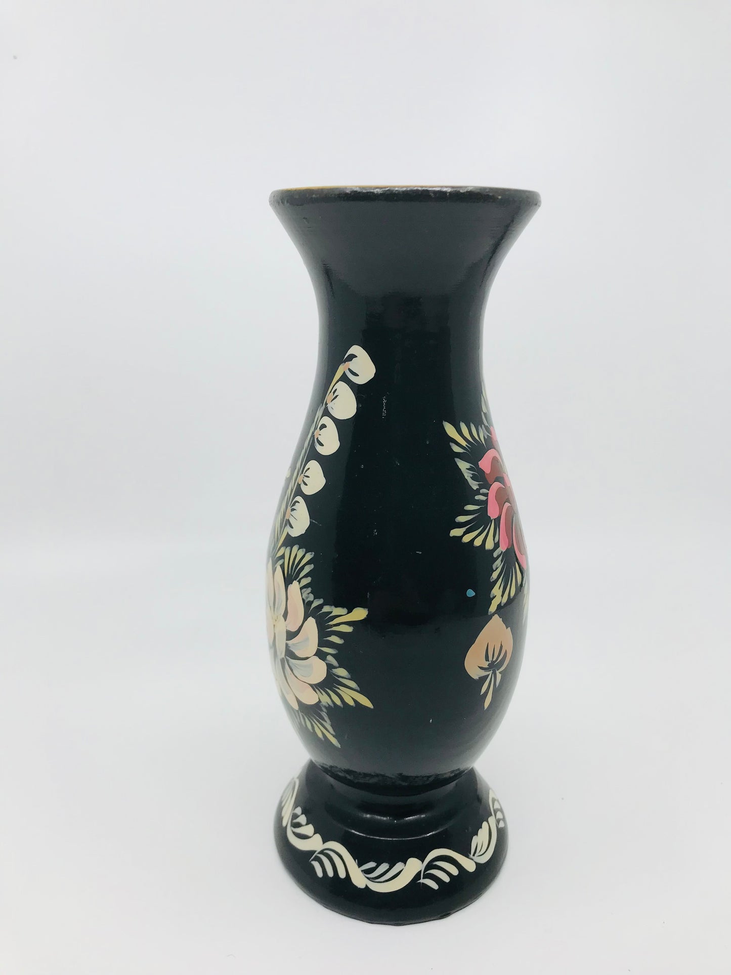 Hand Painted Folk Art Wooden Vase with Black Lacquer with Florals - Boho Chic