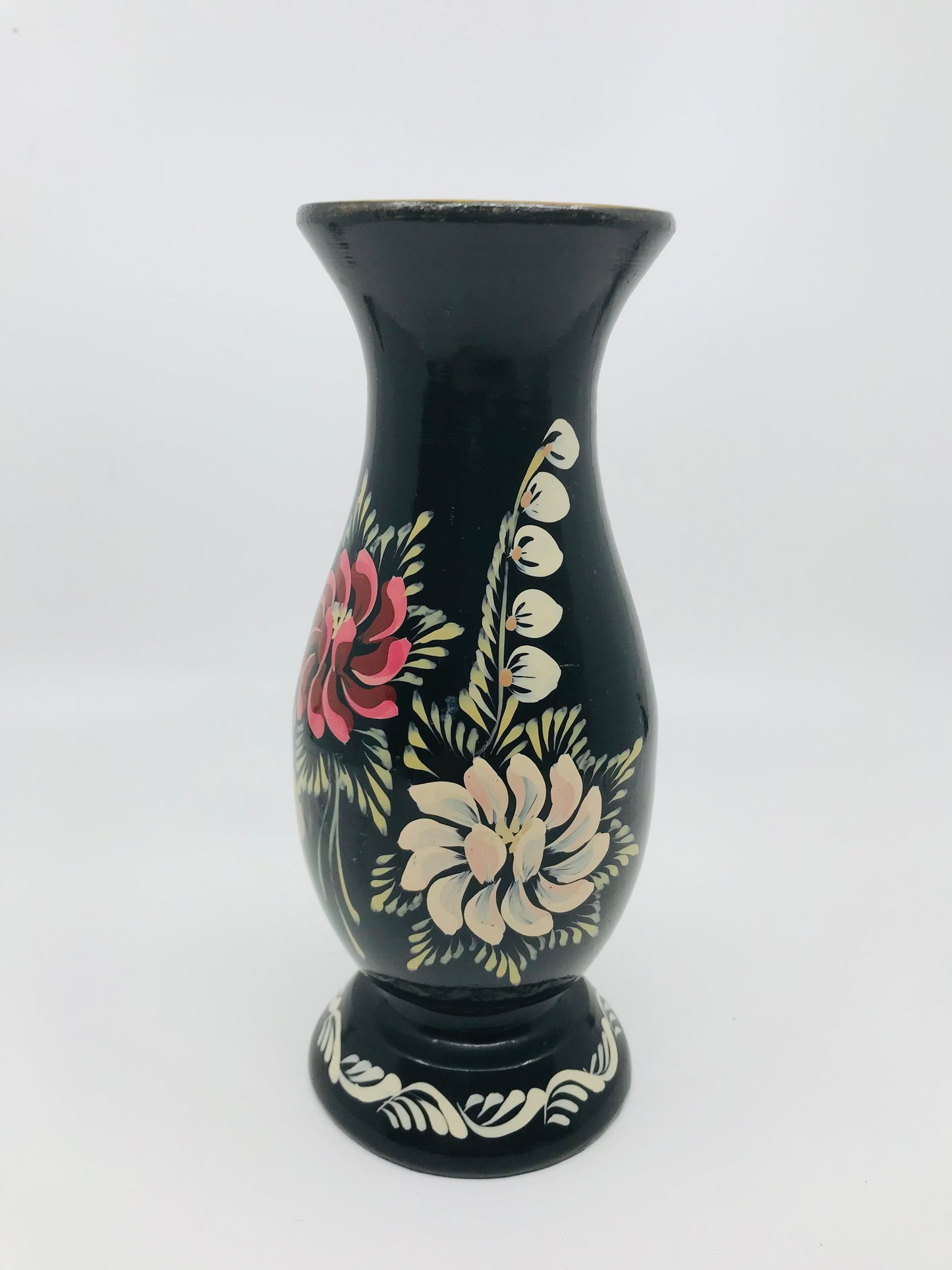 Hand Painted Folk Art Wooden Vase with Black Lacquer with Florals - Boho Chic