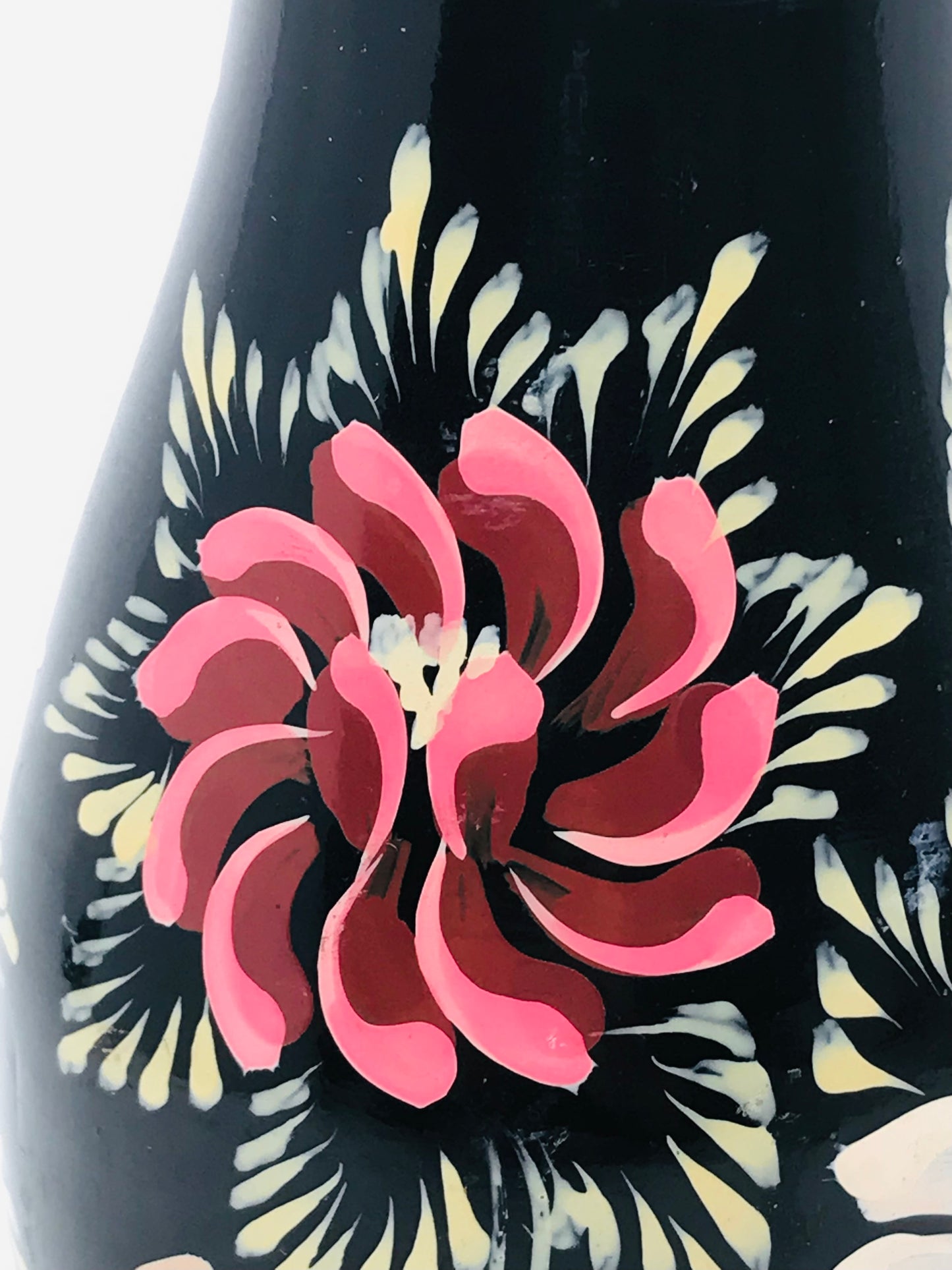 Hand Painted Folk Art Wooden Vase with Black Lacquer with Florals - Boho Chic