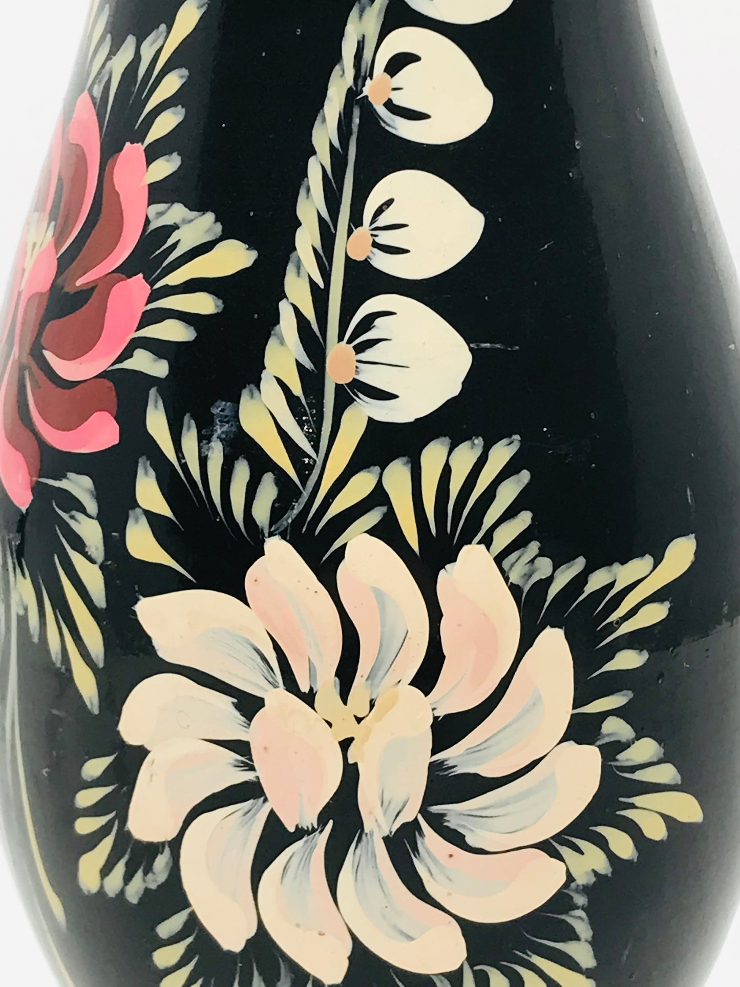 Hand Painted Folk Art Wooden Vase with Black Lacquer with Florals - Boho Chic