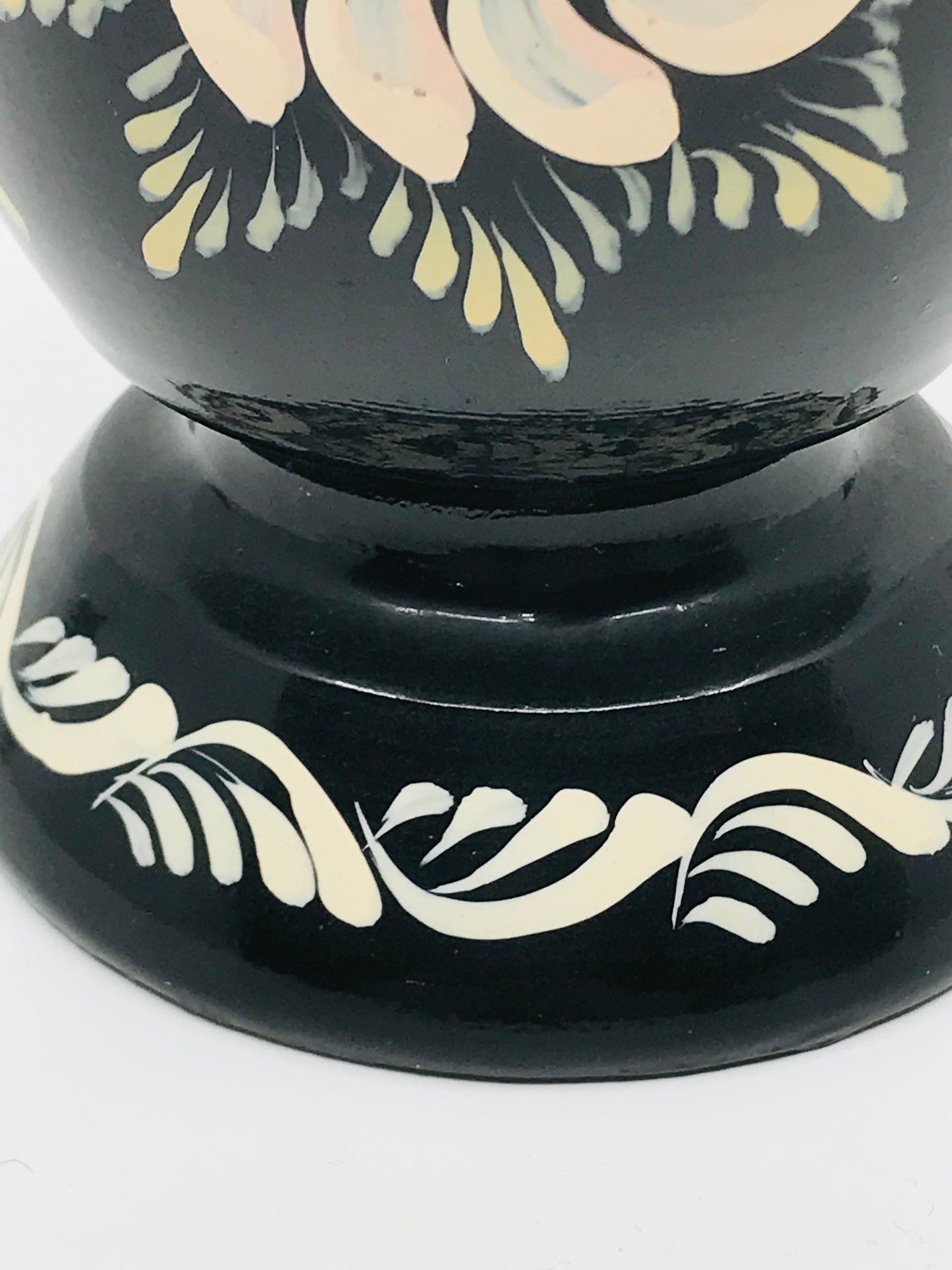 Hand Painted Folk Art Wooden Vase with Black Lacquer with Florals - Boho Chic