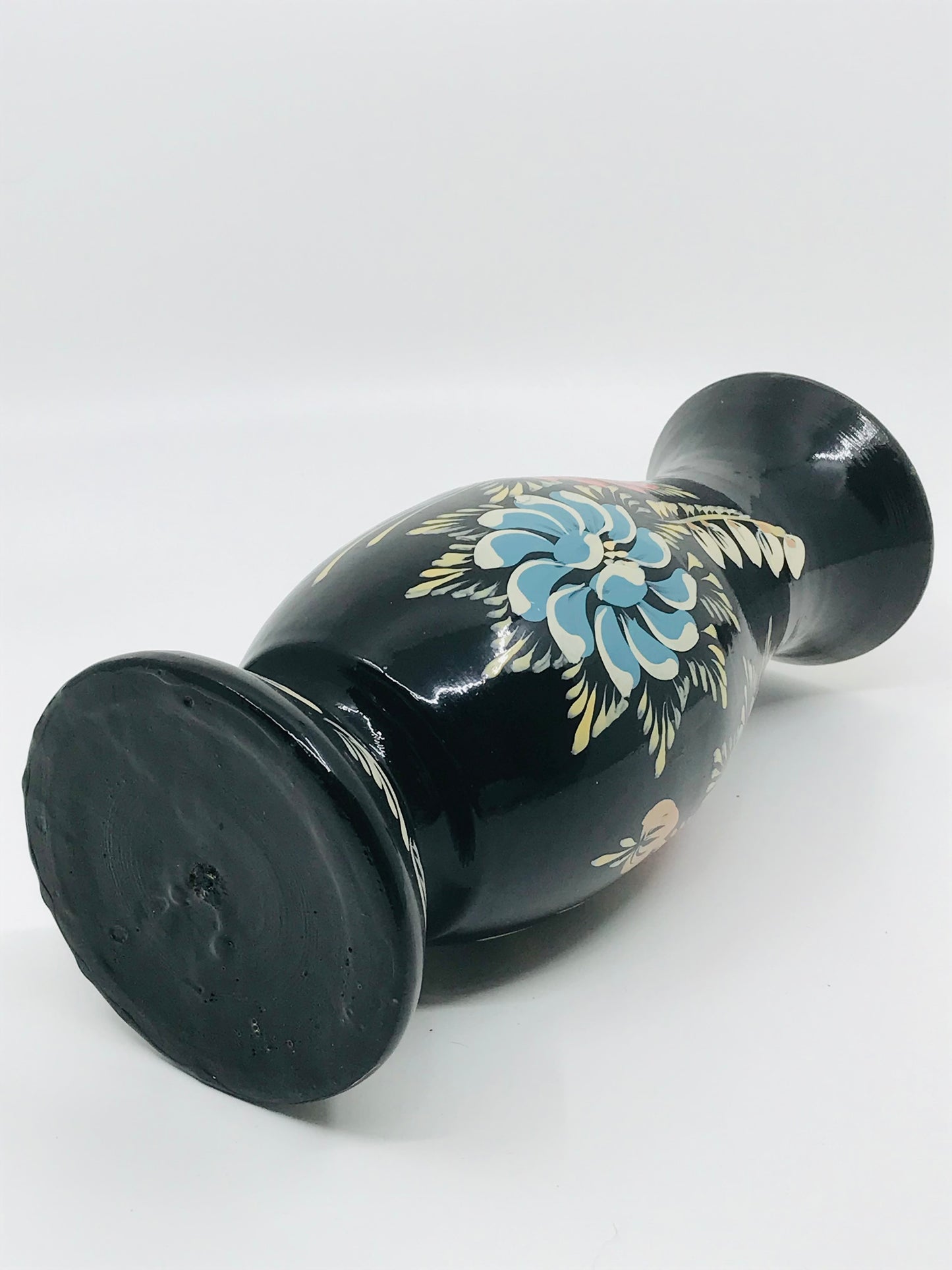 Hand Painted Folk Art Wooden Vase with Black Lacquer with Florals - Boho Chic