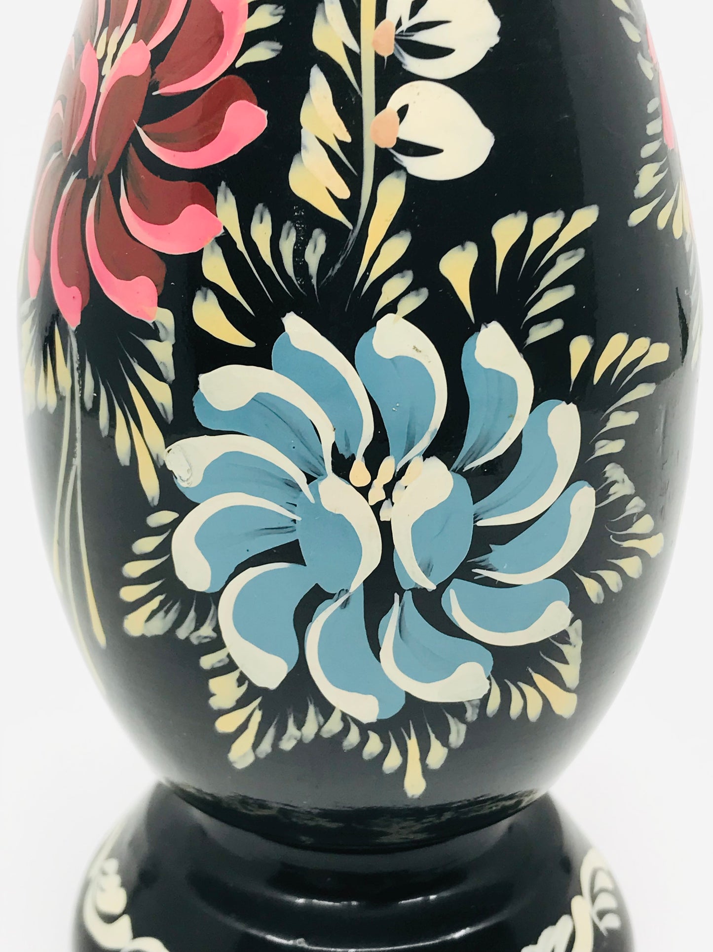 Hand Painted Folk Art Wooden Vase with Black Lacquer with Florals - Boho Chic