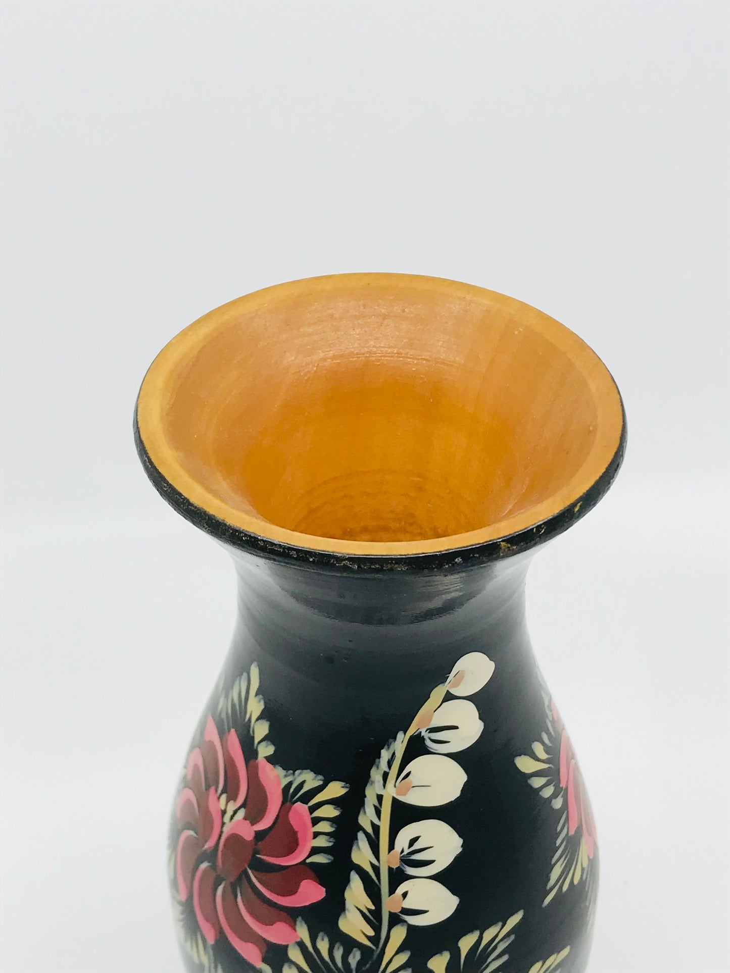 Hand Painted Folk Art Wooden Vase with Black Lacquer with Florals - Boho Chic
