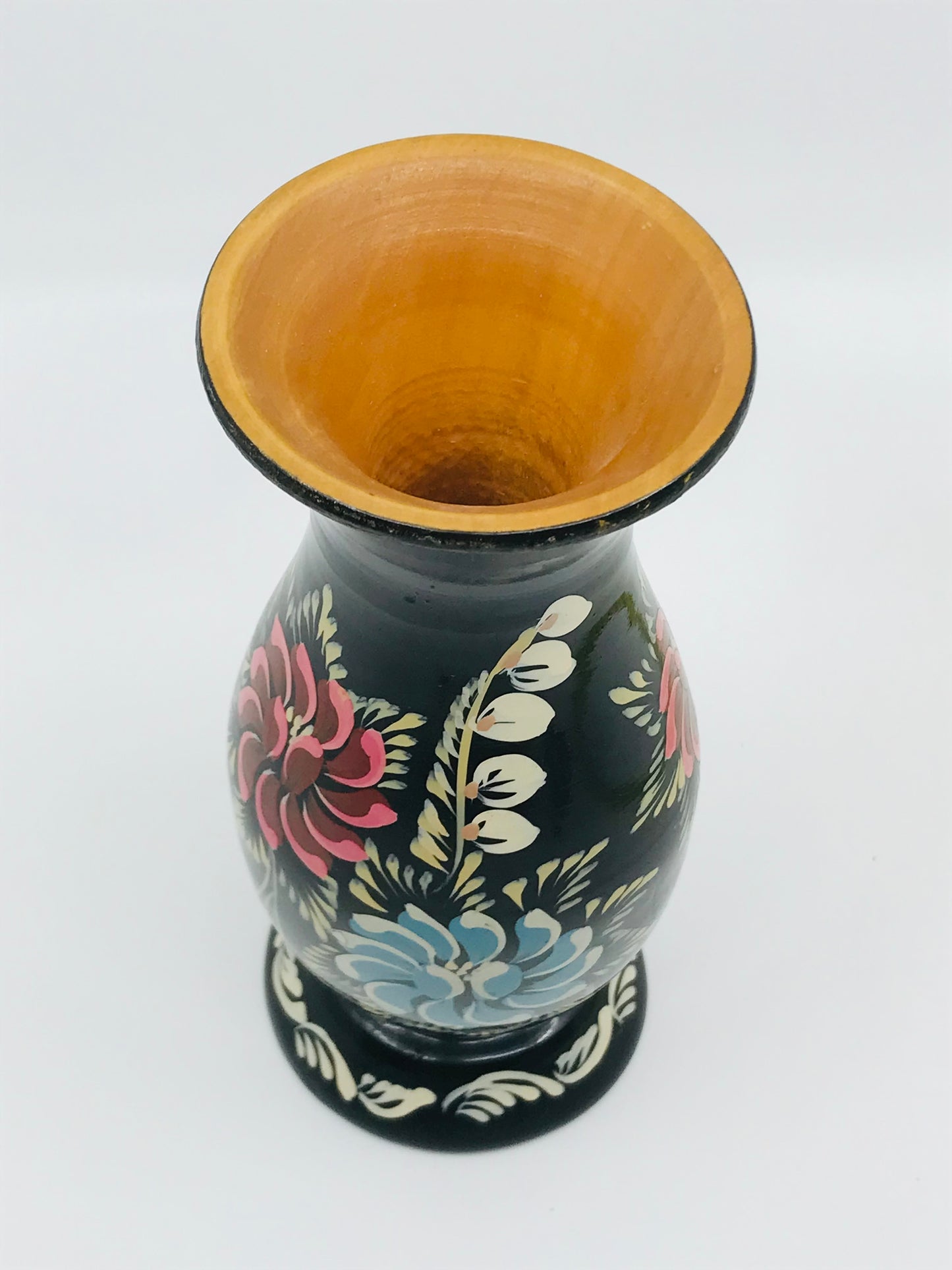 Hand Painted Folk Art Wooden Vase with Black Lacquer with Florals - Boho Chic