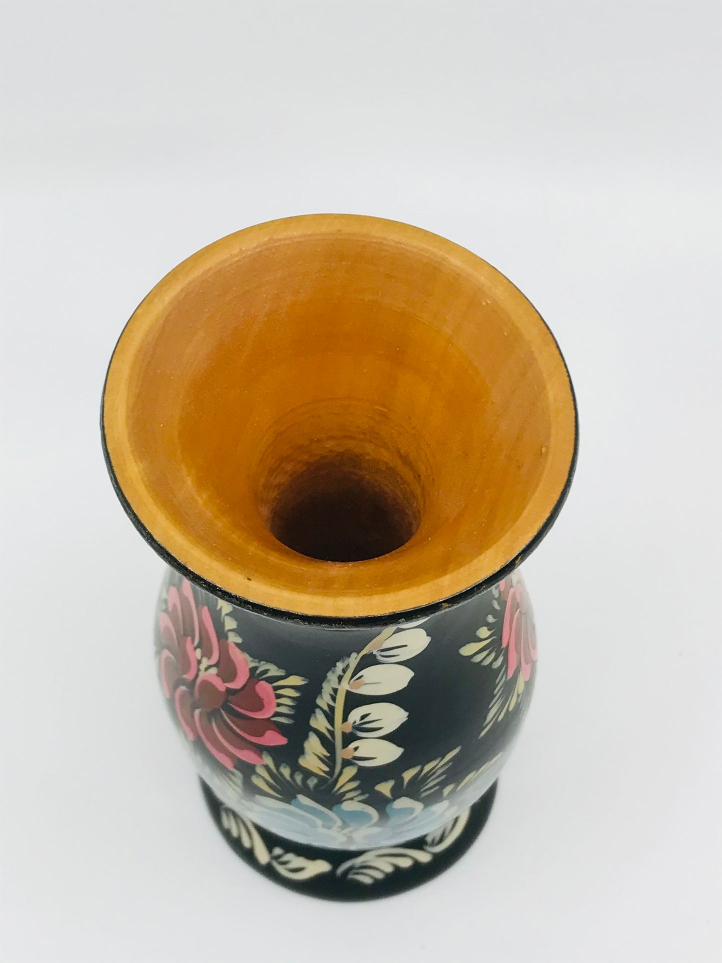 Hand Painted Folk Art Wooden Vase with Black Lacquer with Florals - Boho Chic