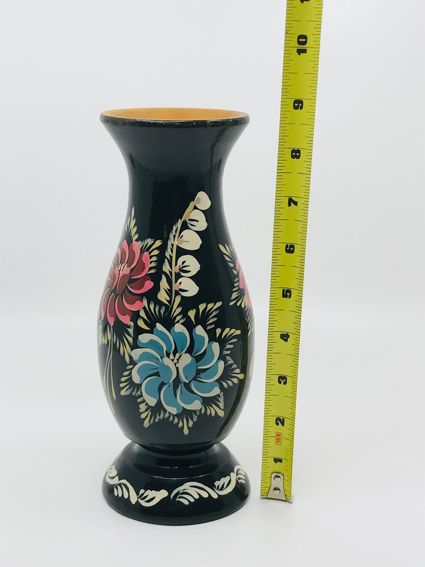 Hand Painted Folk Art Wooden Vase with Black Lacquer with Florals - Boho Chic