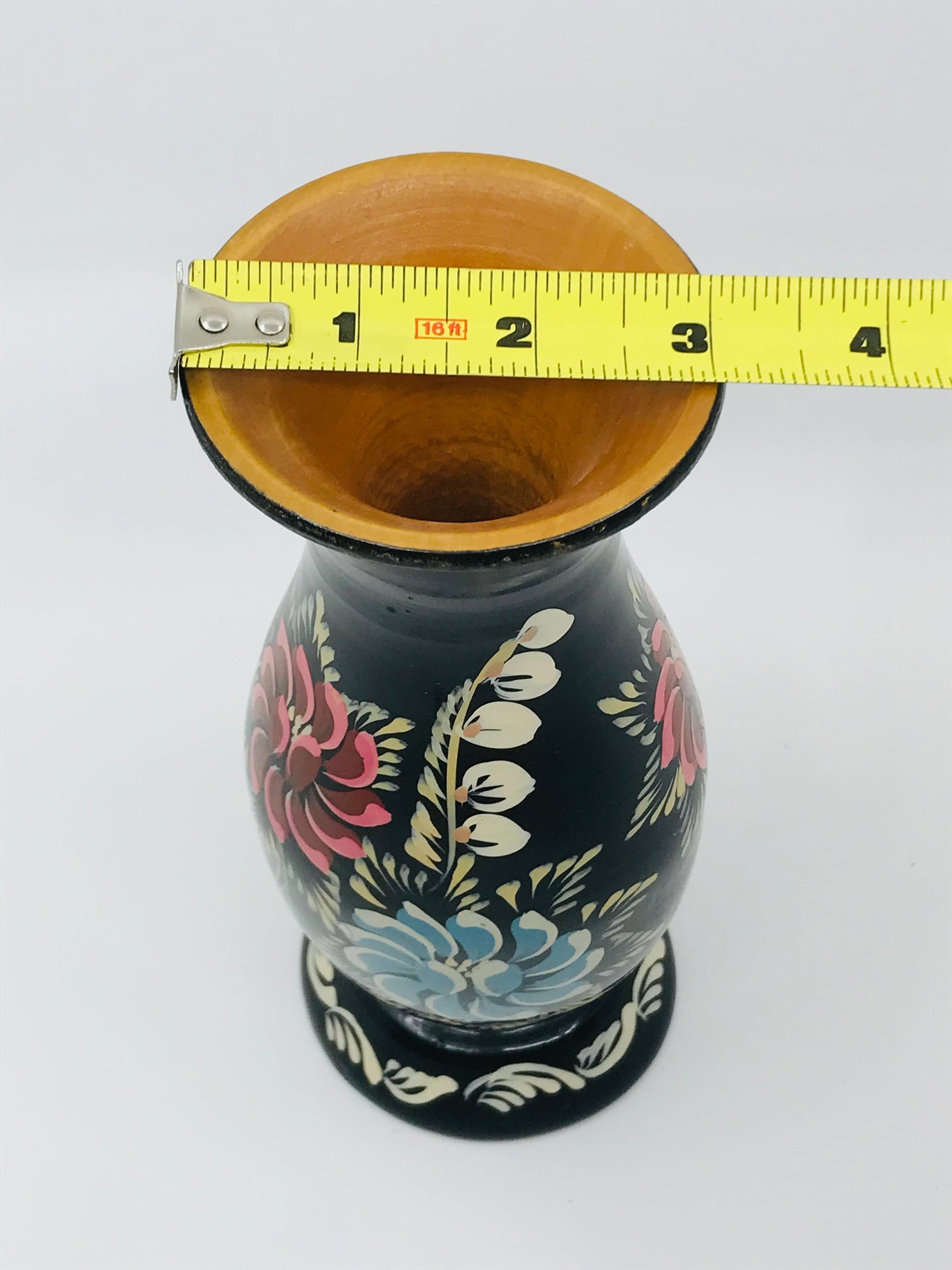 Hand Painted Folk Art Wooden Vase with Black Lacquer with Florals - Boho Chic